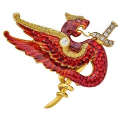Red Enameled Gryphon Brooch with Diamond Sword