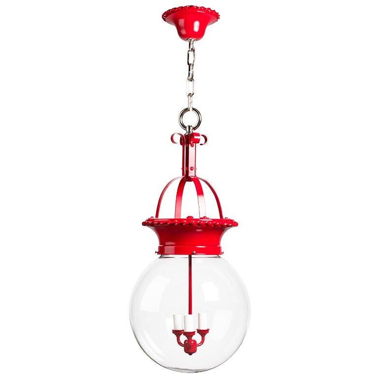 Nickel and Red Lacquer Lantern with Clear Blown Glass Globe