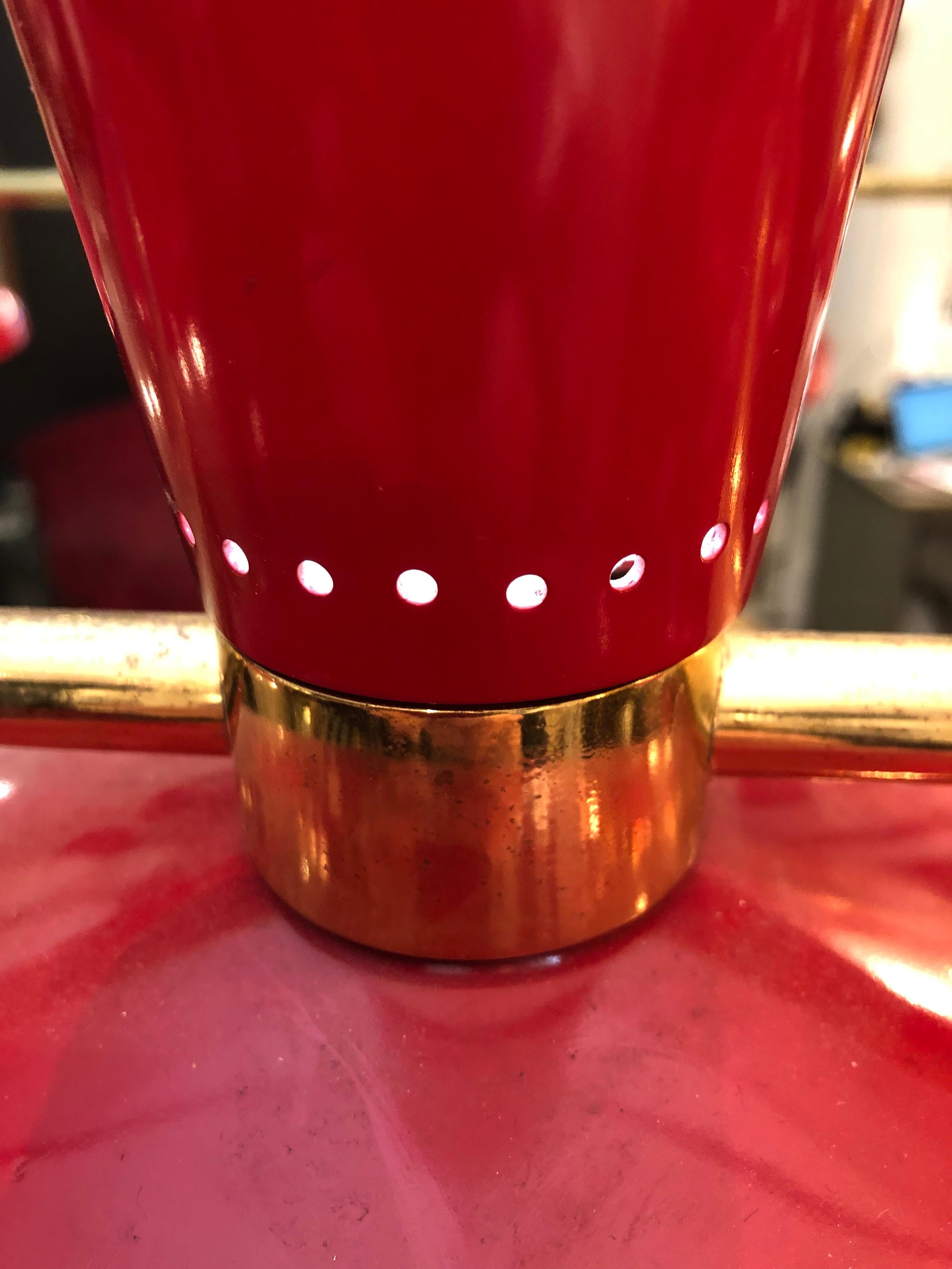 Red Enamelled and Brass Ceiling Light by Stilnovo In Good Condition In London, GB