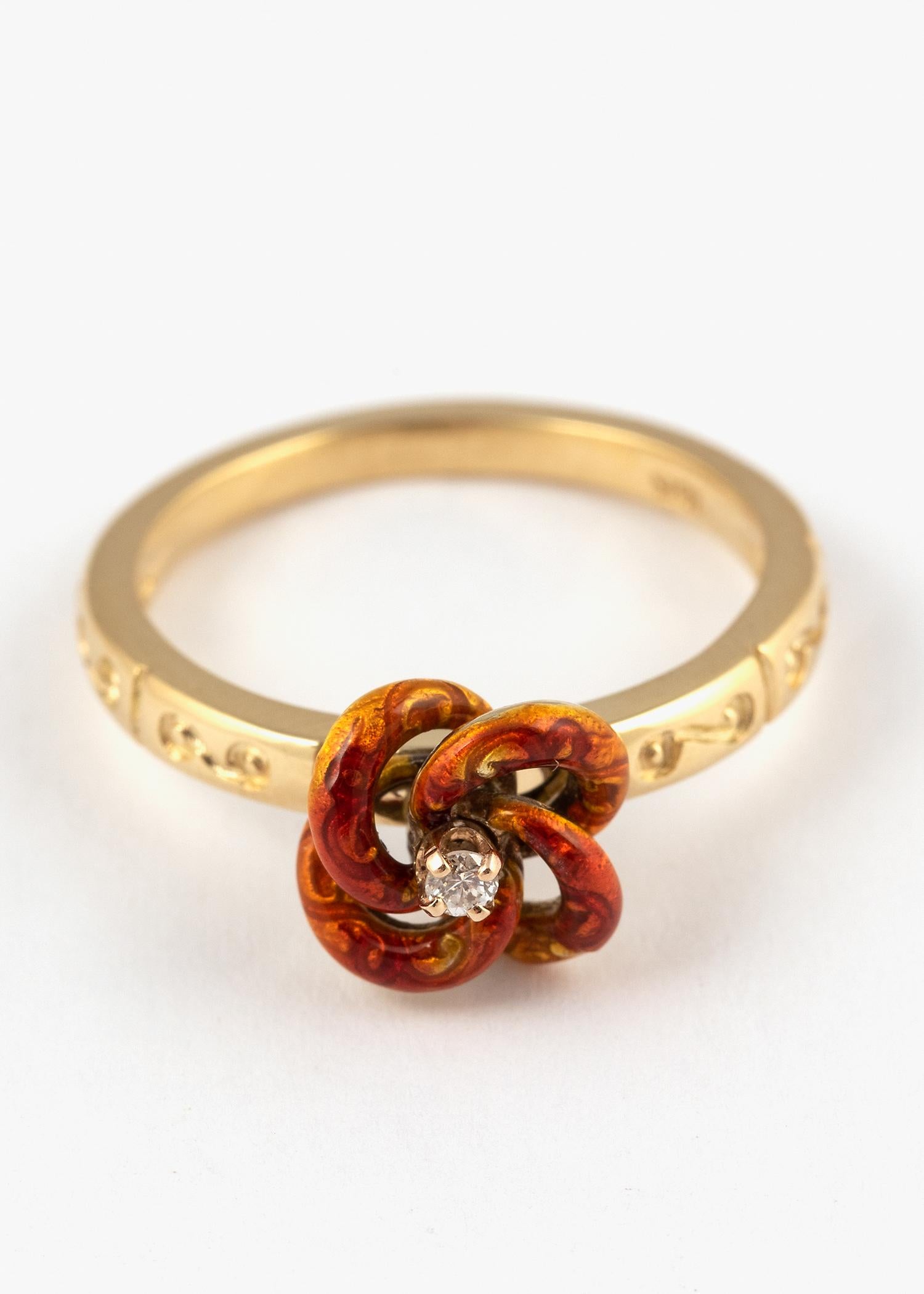 Late Victorian Red Enameled Diamond 18k Gold Lover's Knot Ring