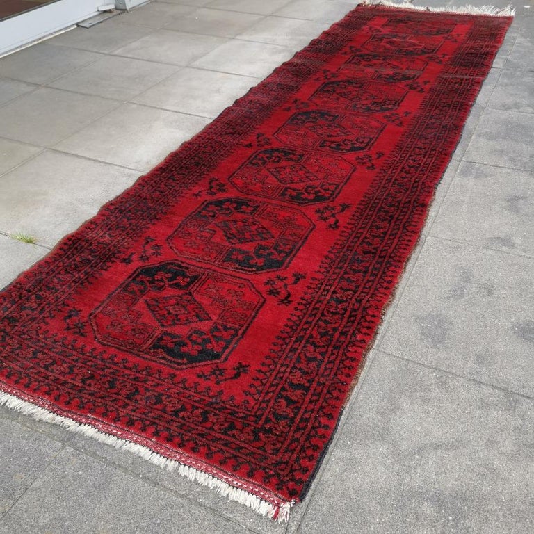 Tribal Red Ersari Rug Hallway Stairway Runner Vintage Bokhara Hand Knotted Semi Antique For Sale