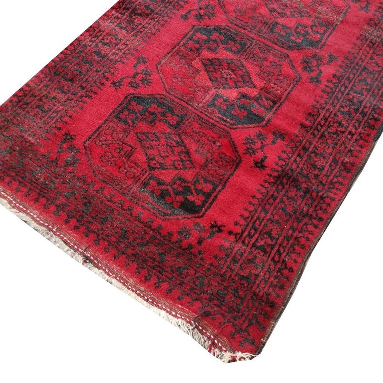Red Ersari Rug Hallway Stairway Runner Vintage Bokhara Hand Knotted Semi Antique For Sale 1