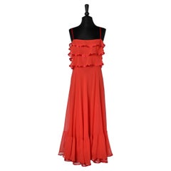 Red evening silk chiffon dress with ruffles and satin ribbon piping edge 1980's