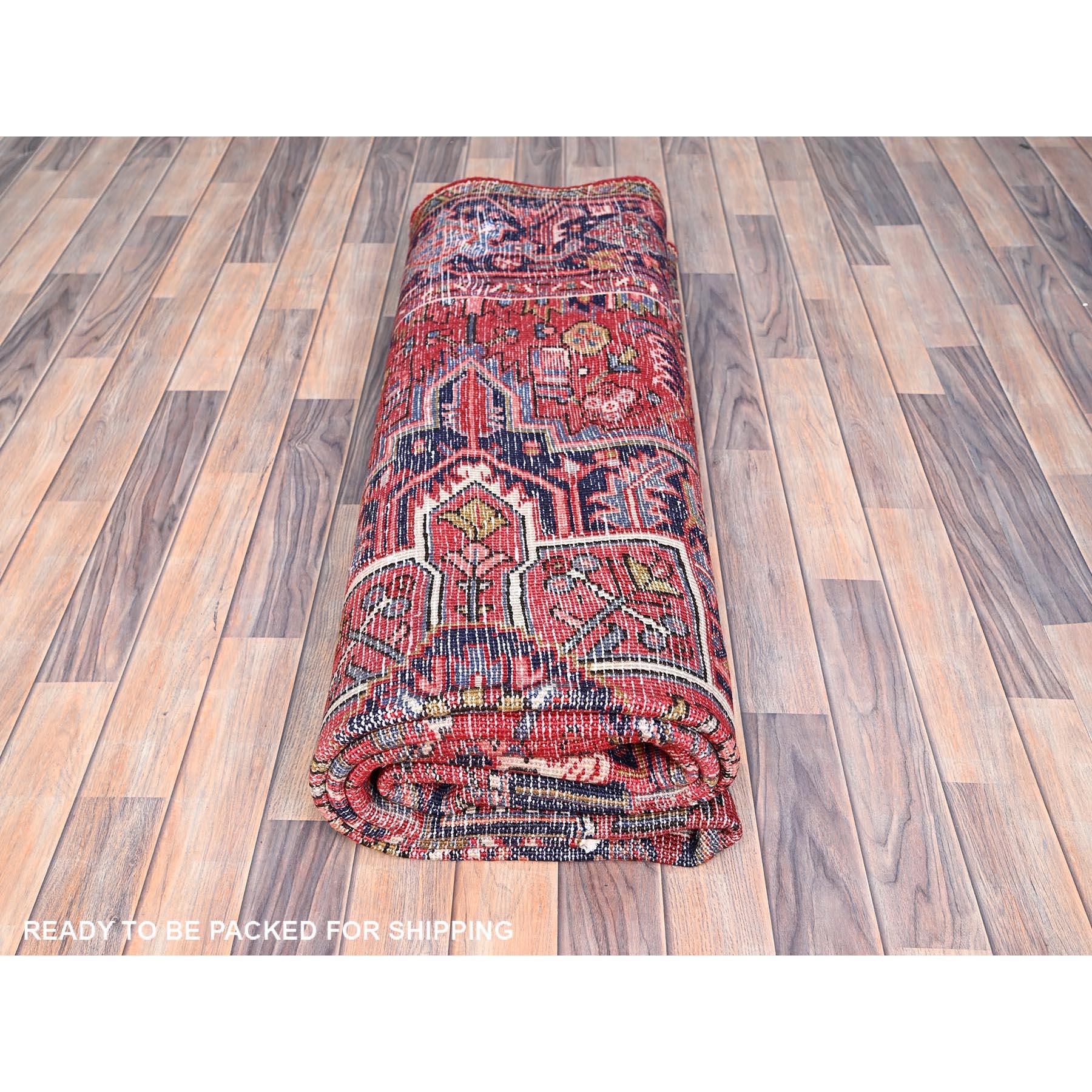 Red Evenly Worn Distressed Feel Pure Wool Vintage Persian Heriz Hand Knotted Rug For Sale 4