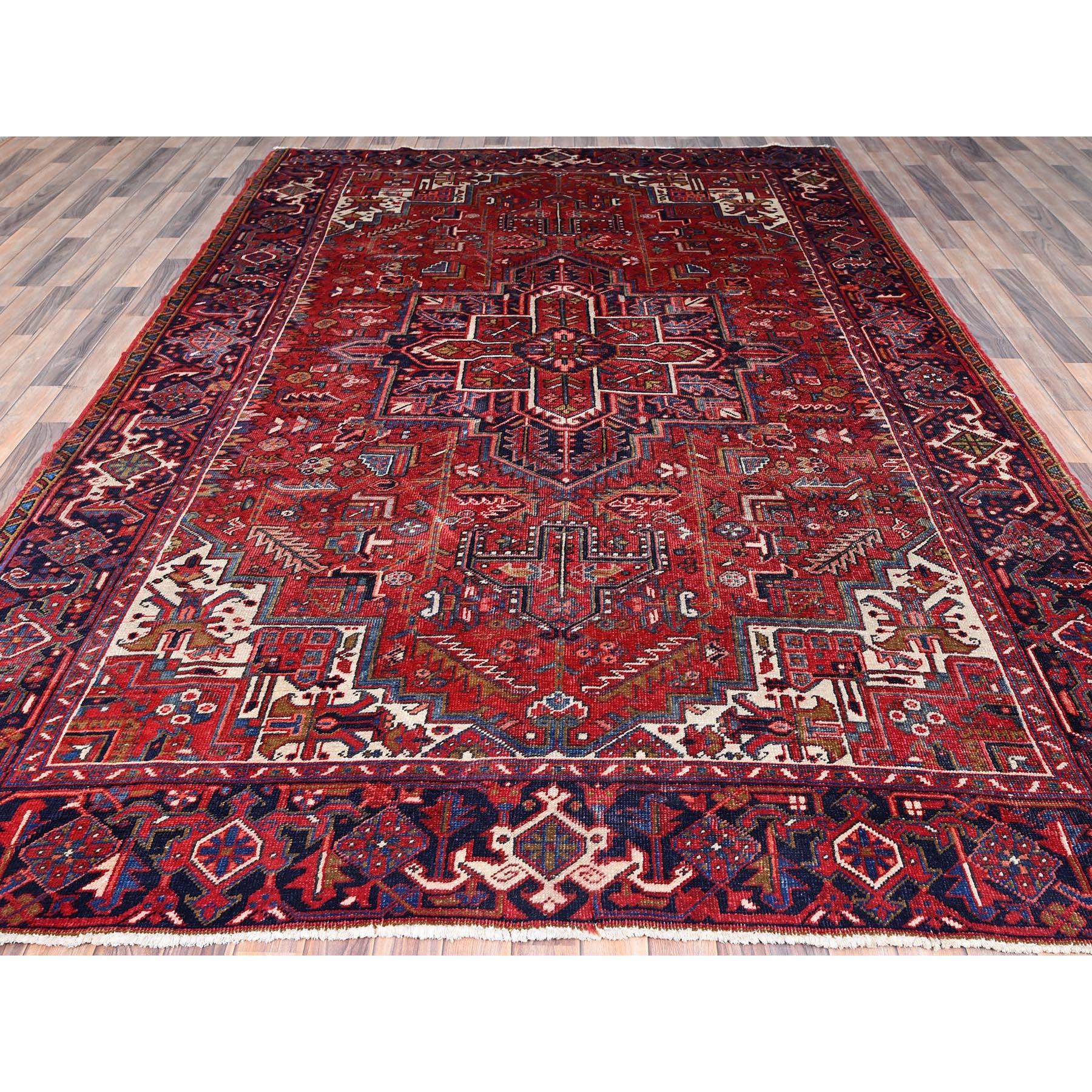Medieval Red Evenly Worn Distressed Feel Pure Wool Vintage Persian Heriz Hand Knotted Rug For Sale