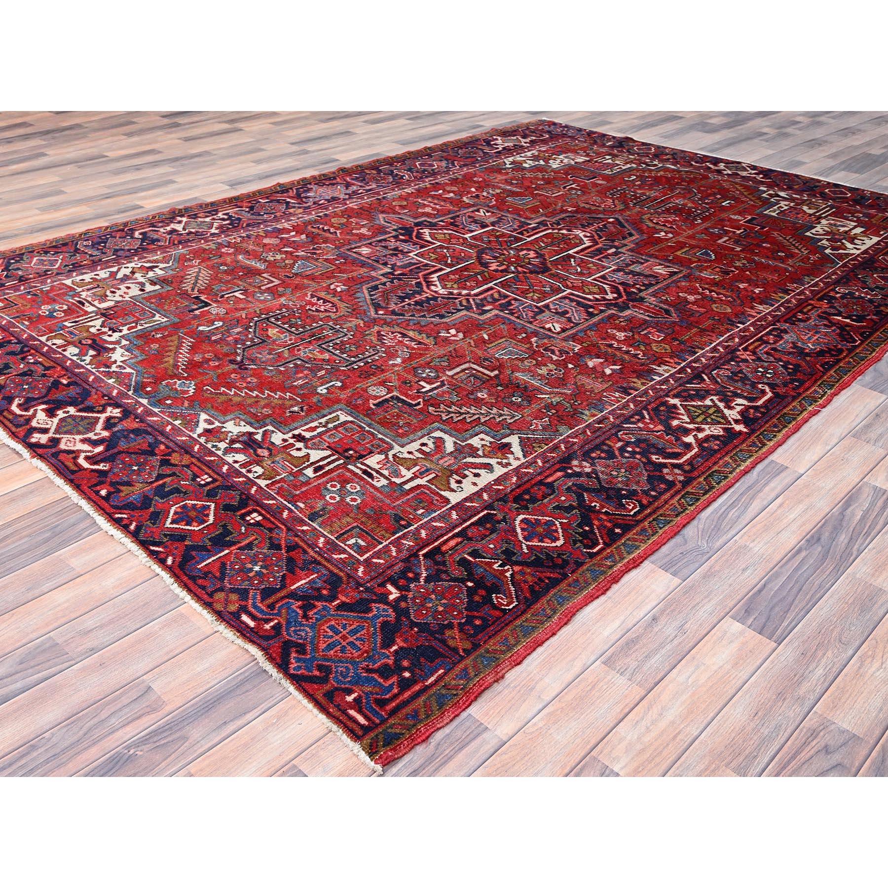 Hand-Knotted Red Evenly Worn Distressed Feel Pure Wool Vintage Persian Heriz Hand Knotted Rug For Sale