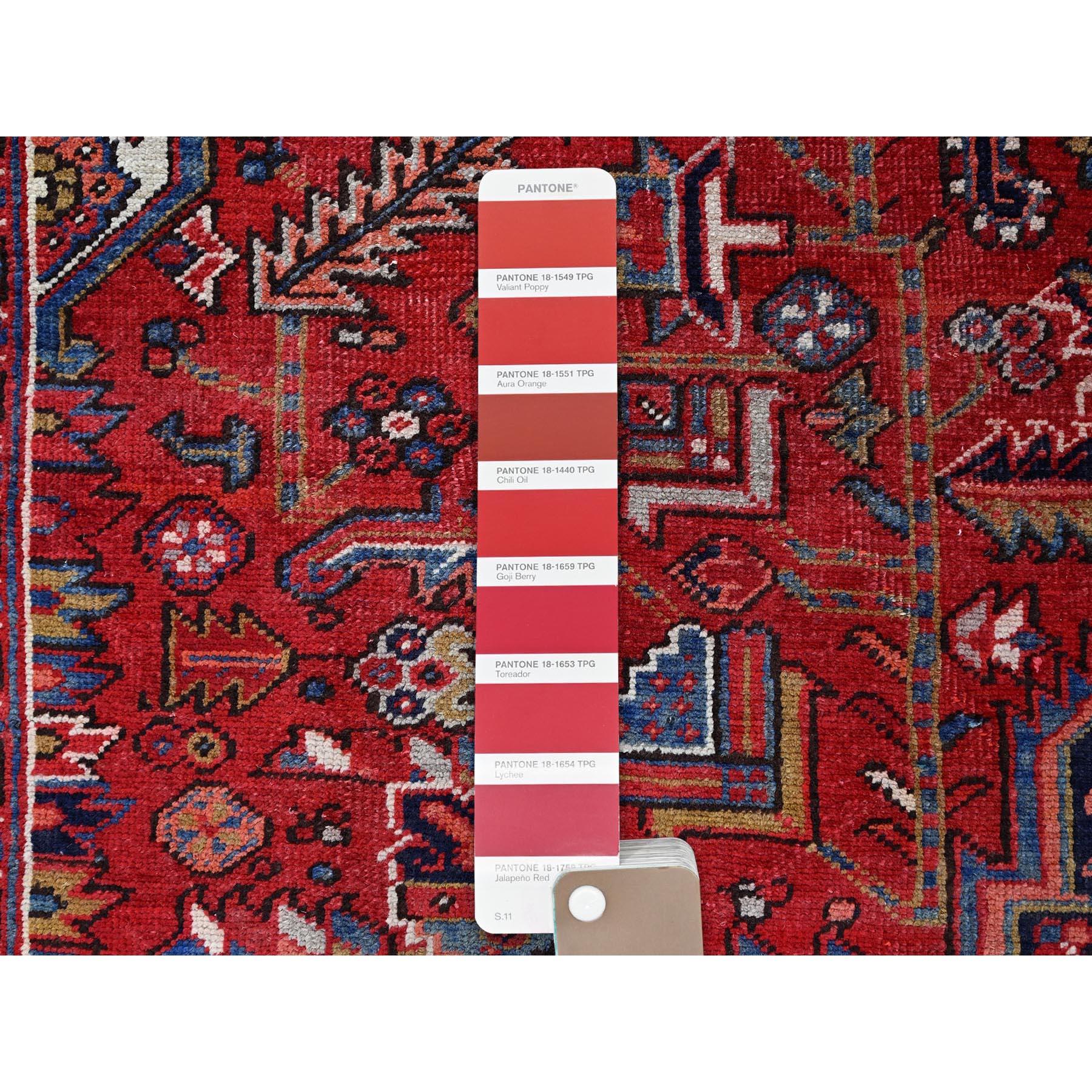 Red Evenly Worn Distressed Feel Pure Wool Vintage Persian Heriz Hand Knotted Rug For Sale 2