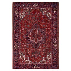 Roter handgeknüpfter Vintage persischer Heriz-Teppich aus reiner Wolle im Used-Look, Abend-Look, Distressed Feel