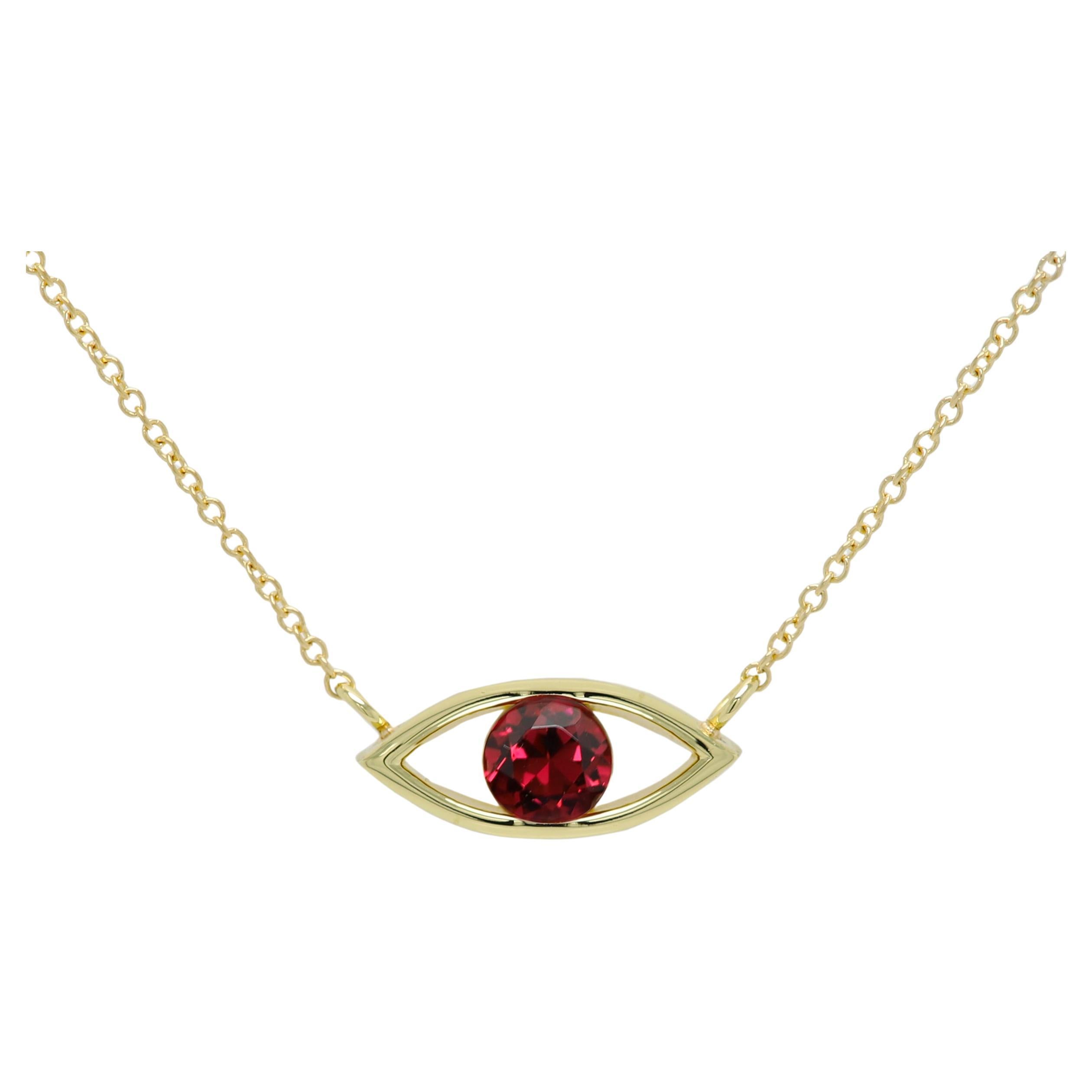 Nuevo,
Elegante Mal de Ojo con gema Rubelita Roja Natural
Engastado en oro amarillo de 18 quilates, aprox. 3,7 gramos
Cadena portacables clásica y cierre de langosta - todo de 18k, 
La longitud total de la cadena es de 16,5' pulgadas
La piedra