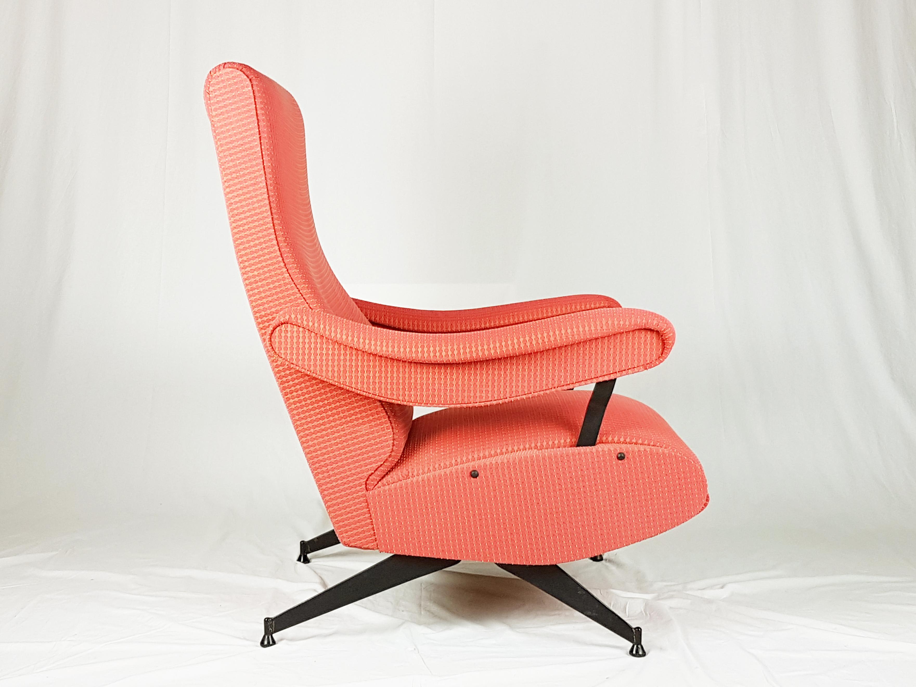 Painted Red Fabric & Black Metal Reclining Armchair Oscar by N. Pini for Novarredo, 1959 For Sale