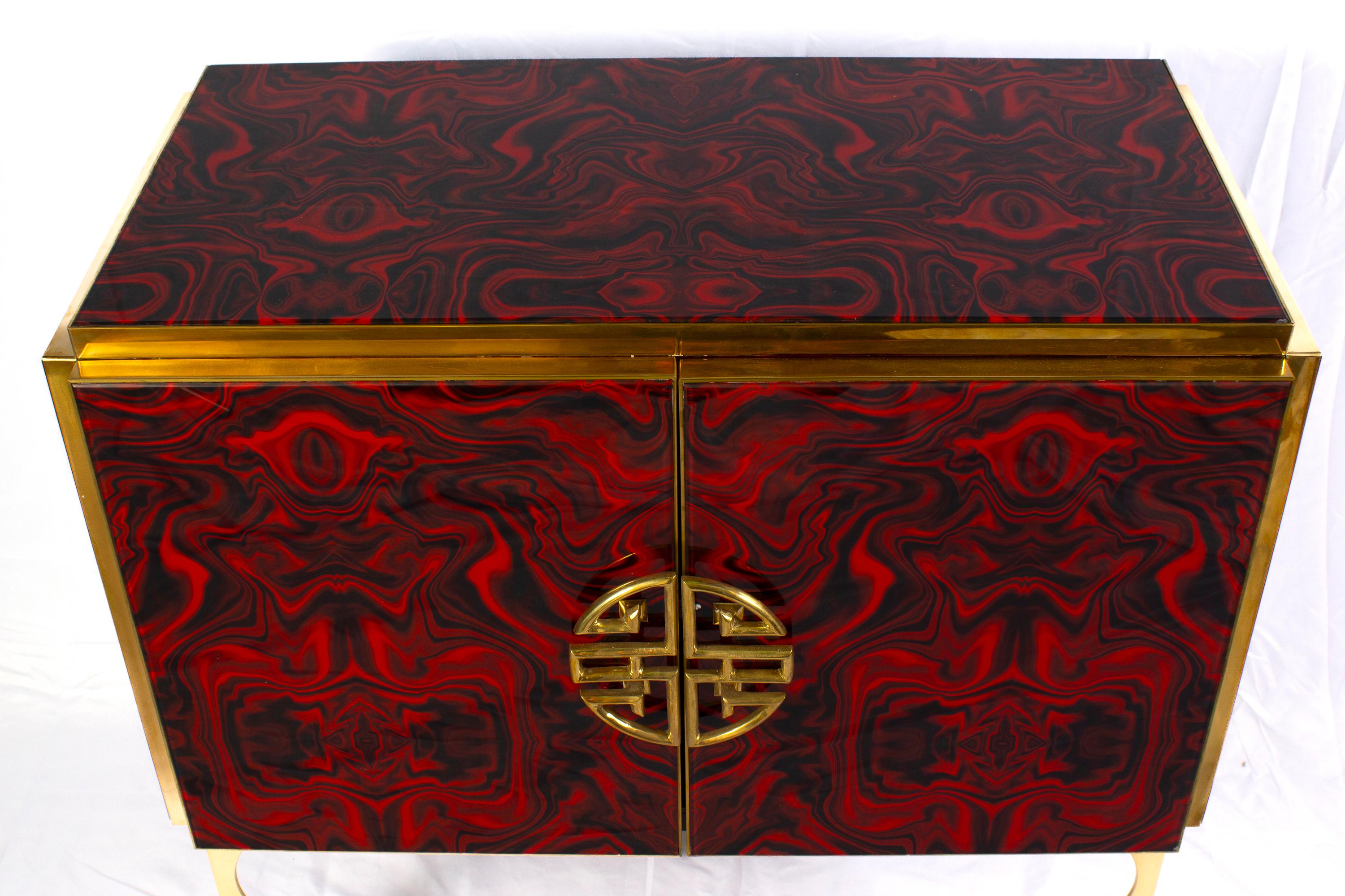 Red Fantasy Glass and Brass Midcentury Style Bar Cabinet For Sale 4