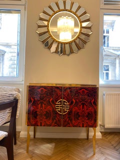 Red Fantasy Glass and Brass Midcentury Style Bar Cabinet