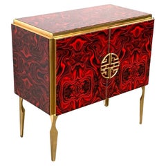Red Fantasy Glass and Brass Midcentury Style Bar Cabinet