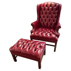 Red Faux Leather Chesterfield Style Wingchair & Ottoman