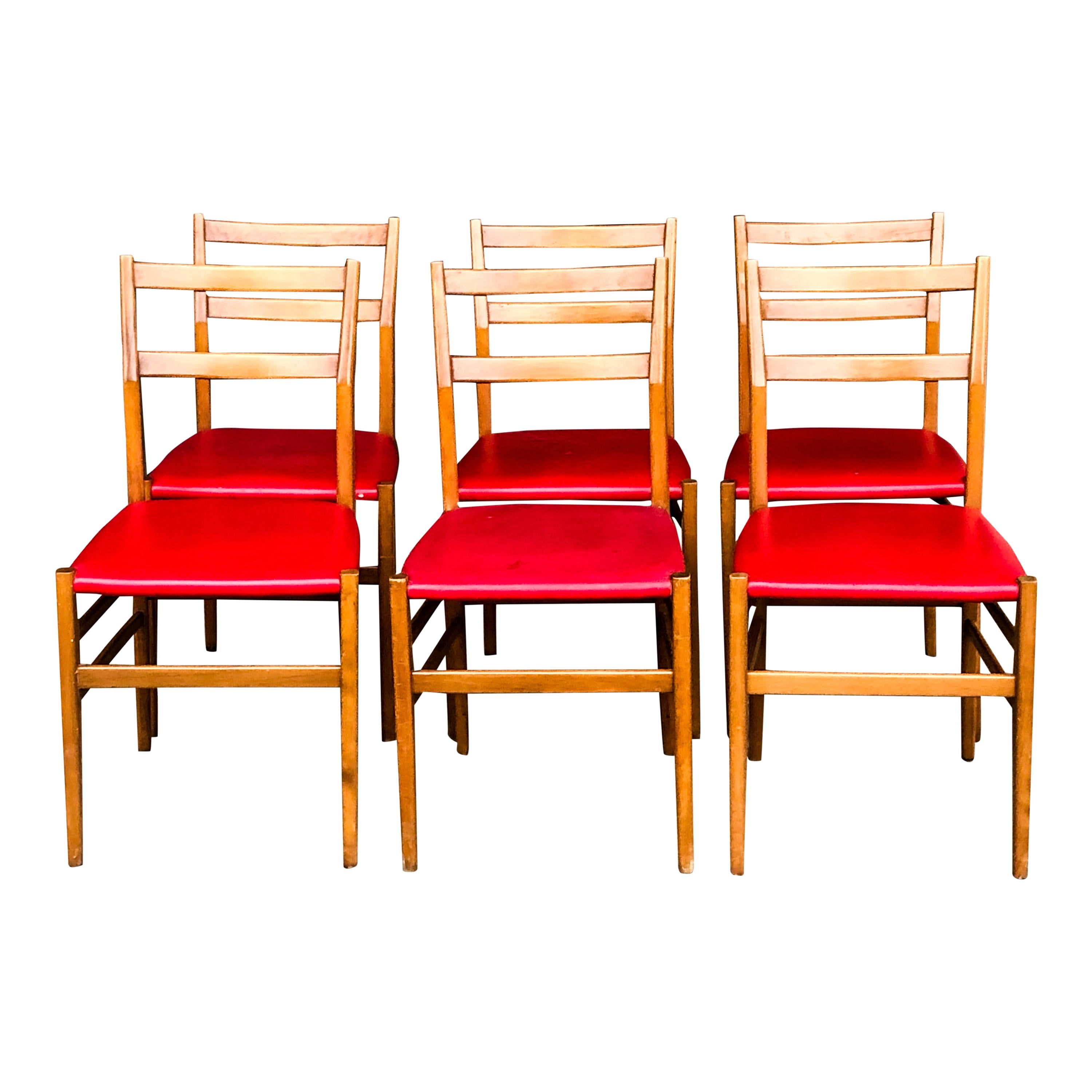 Mid-Century Modern Red Faux Leather Leggera Dining Chairs by Gio Ponti for Cassina, 1960s, Set of 6 For Sale