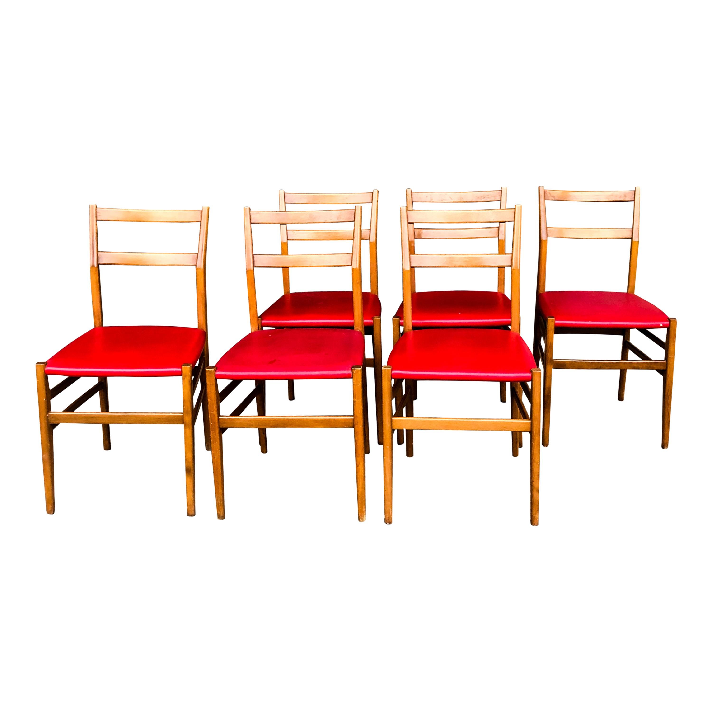 Mid-Century Modern Chaises de salle à manger Leggera en faux cuir rouge de Gio Ponti pour Cassina, années 1960, lot de 6 en vente