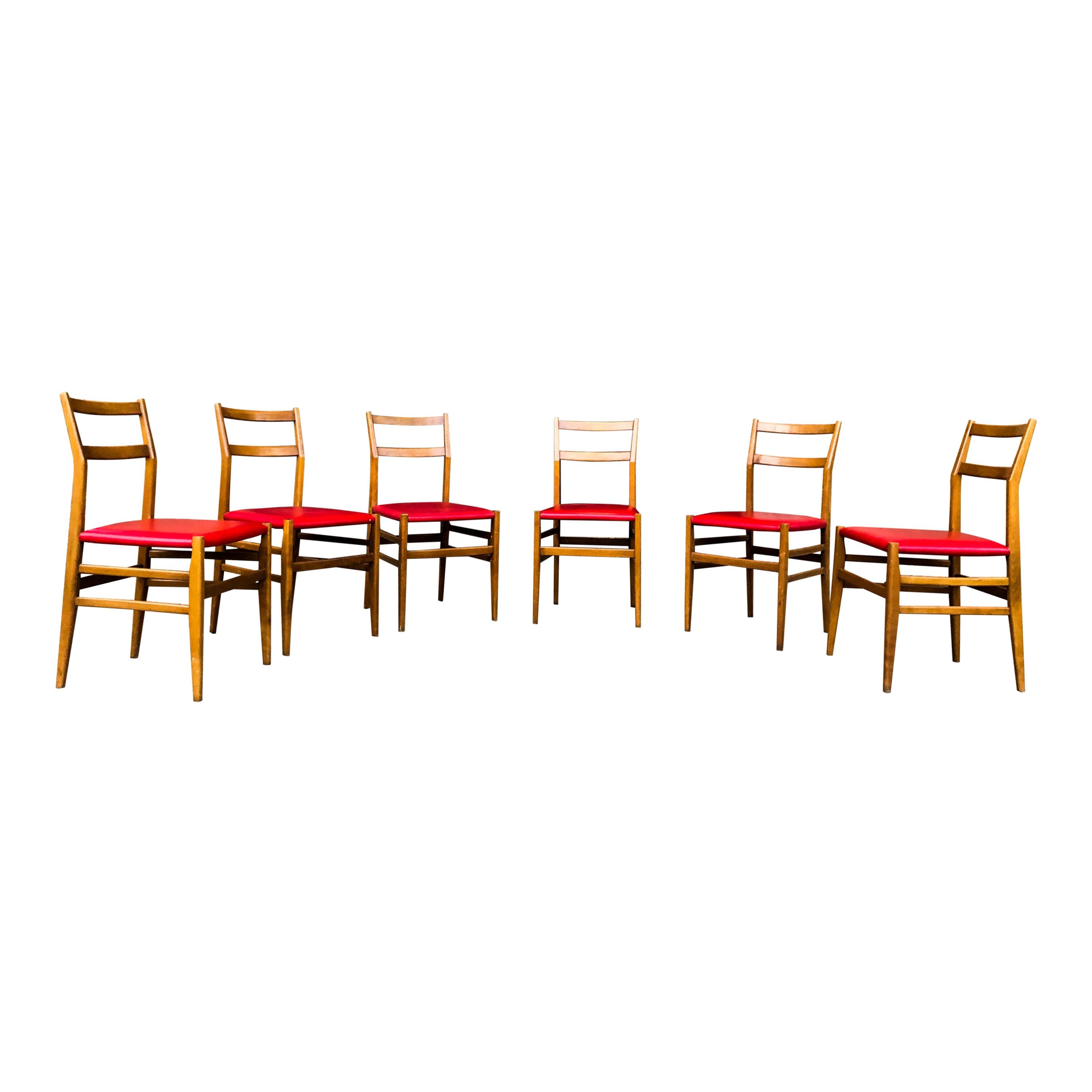 Ash Red Faux Leather Leggera Dining Chairs by Gio Ponti for Cassina, 1960s, Set of 6 For Sale