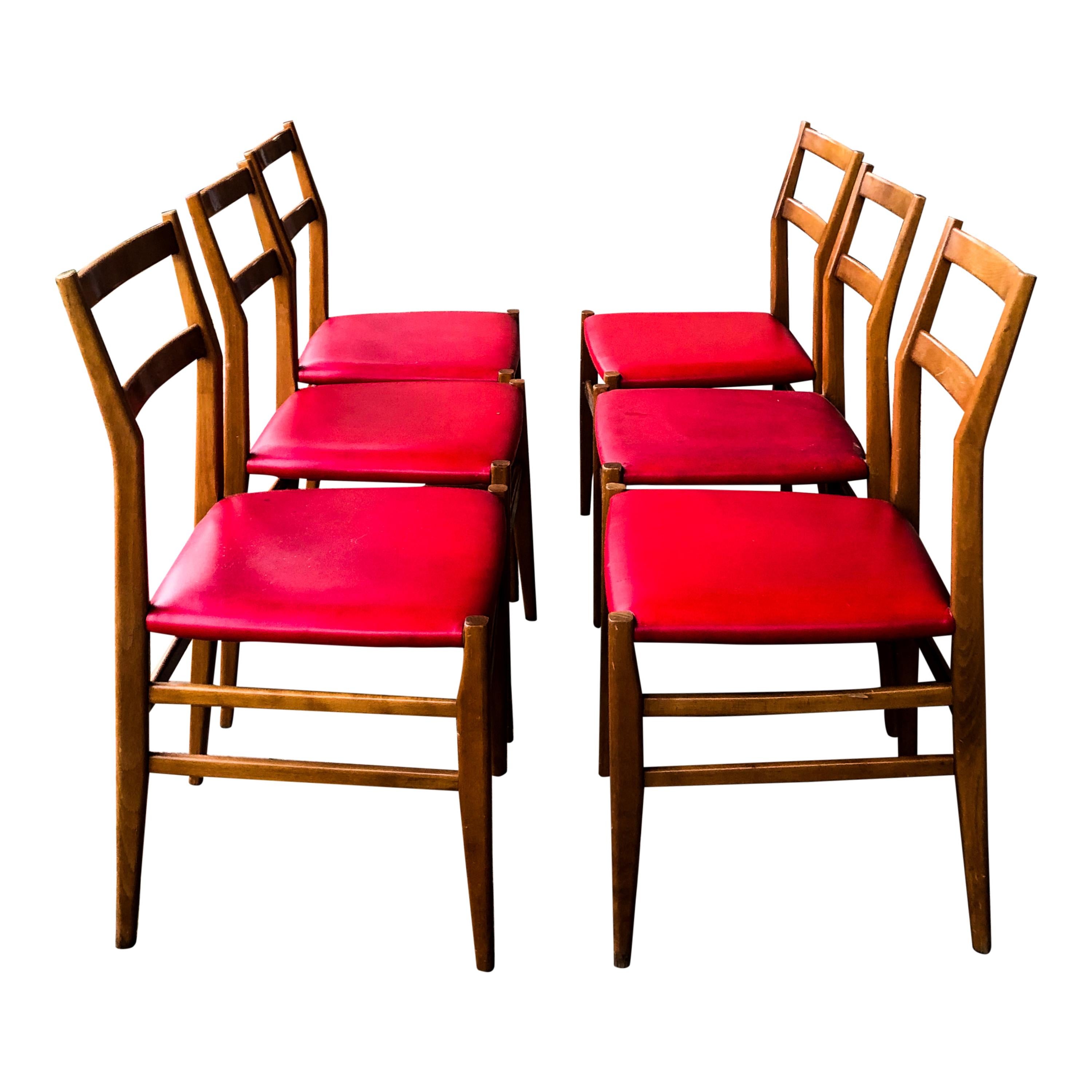 Frêne Chaises de salle à manger Leggera en faux cuir rouge de Gio Ponti pour Cassina, années 1960, lot de 6 en vente