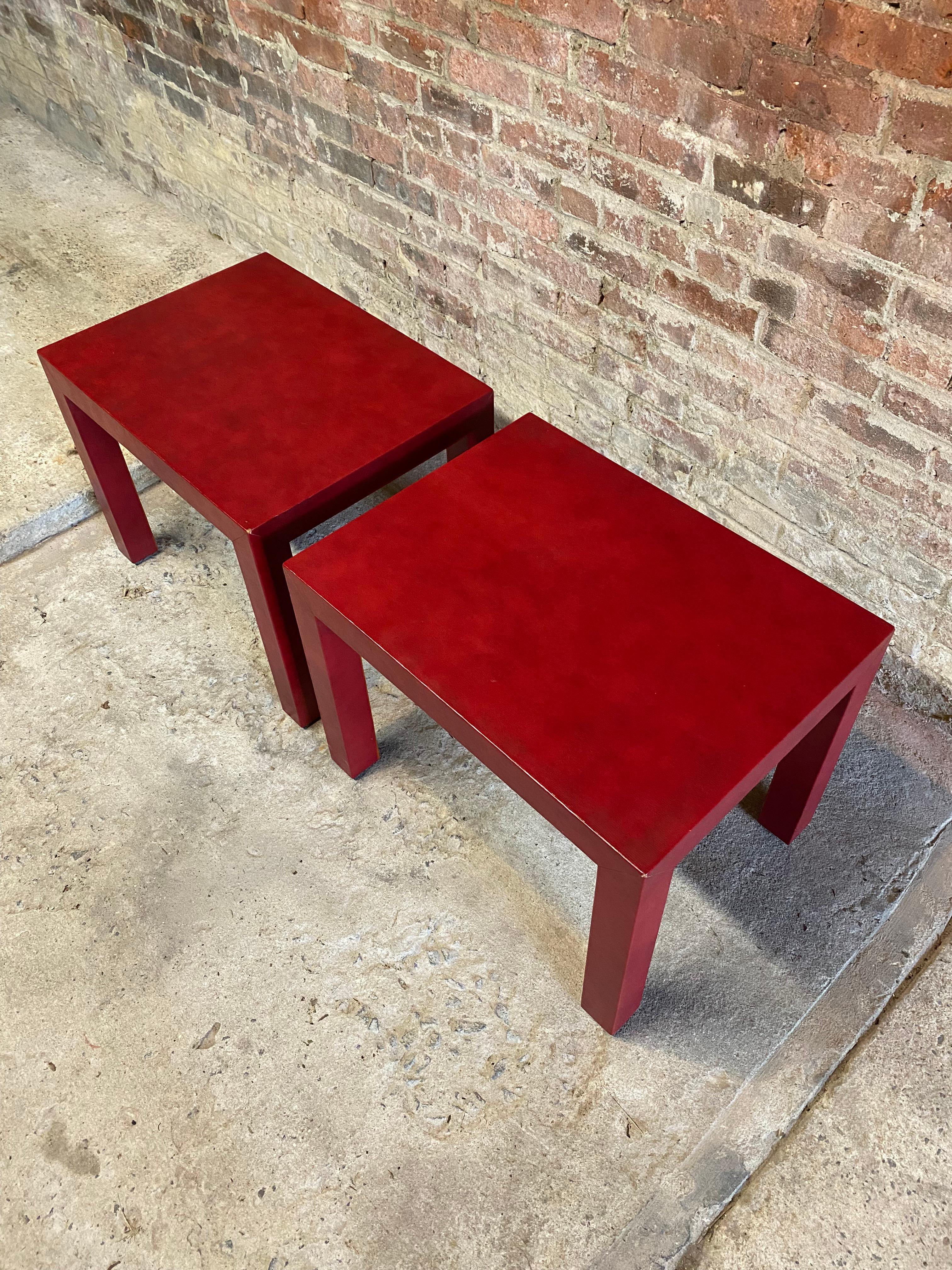 Red Faux Lizard Skin Parsons Post Modern End Tables For Sale 3