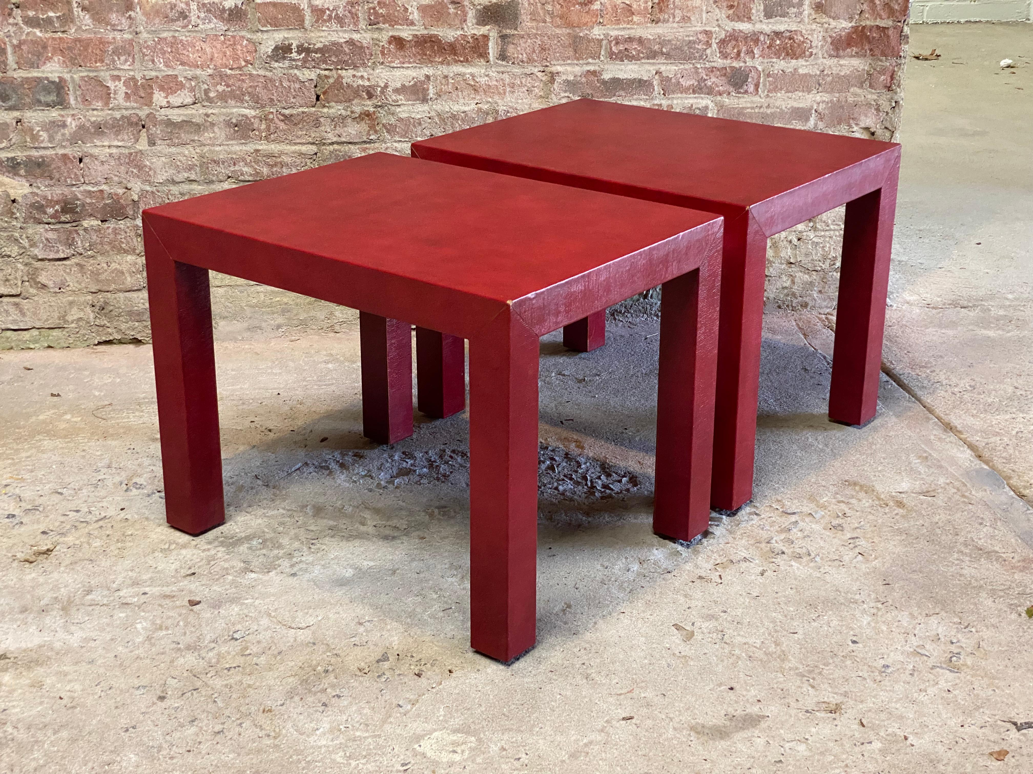 Post-Modern Red Faux Lizard Skin Parsons Post Modern End Tables For Sale