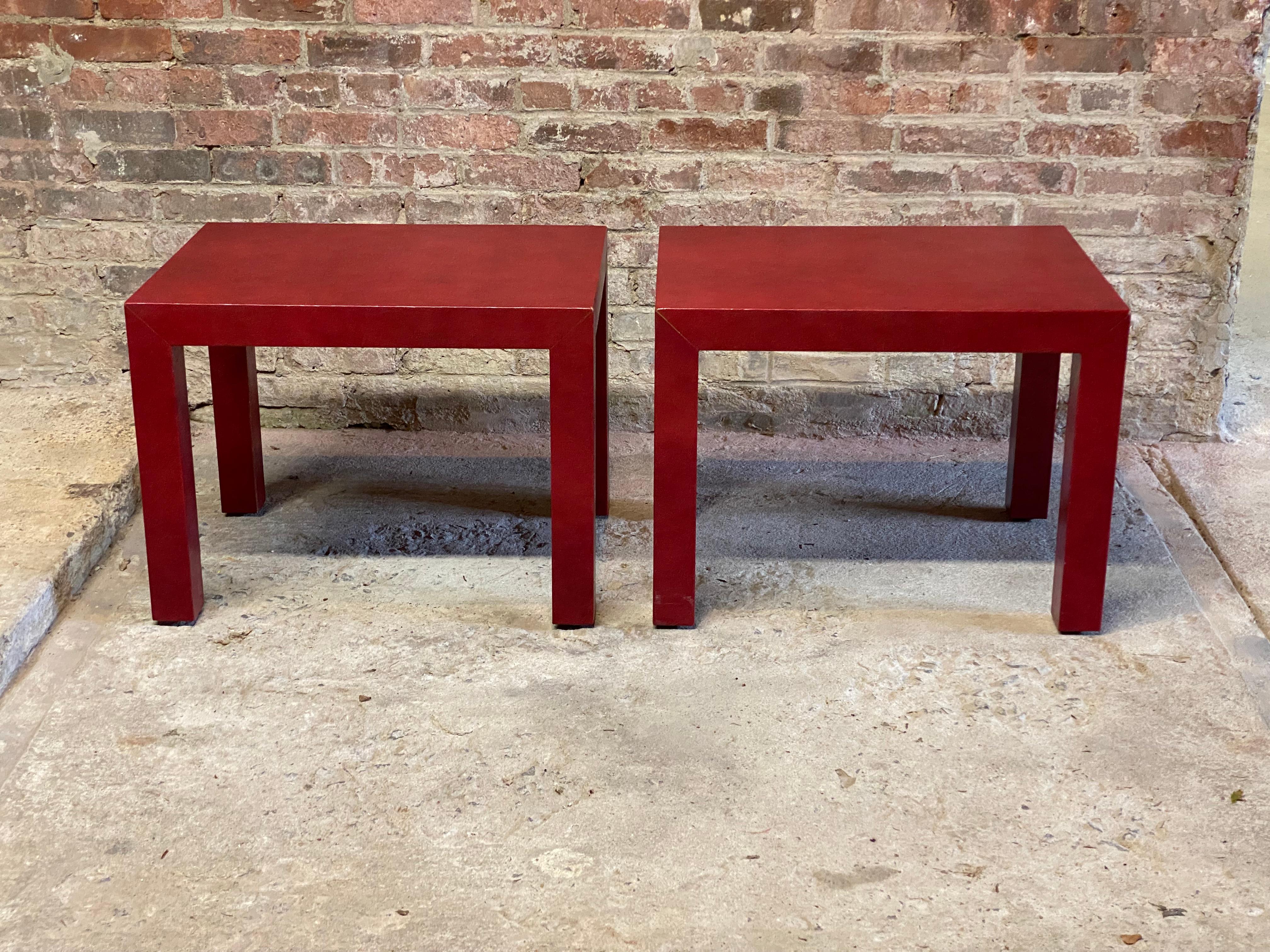 American Red Faux Lizard Skin Parsons Post Modern End Tables For Sale