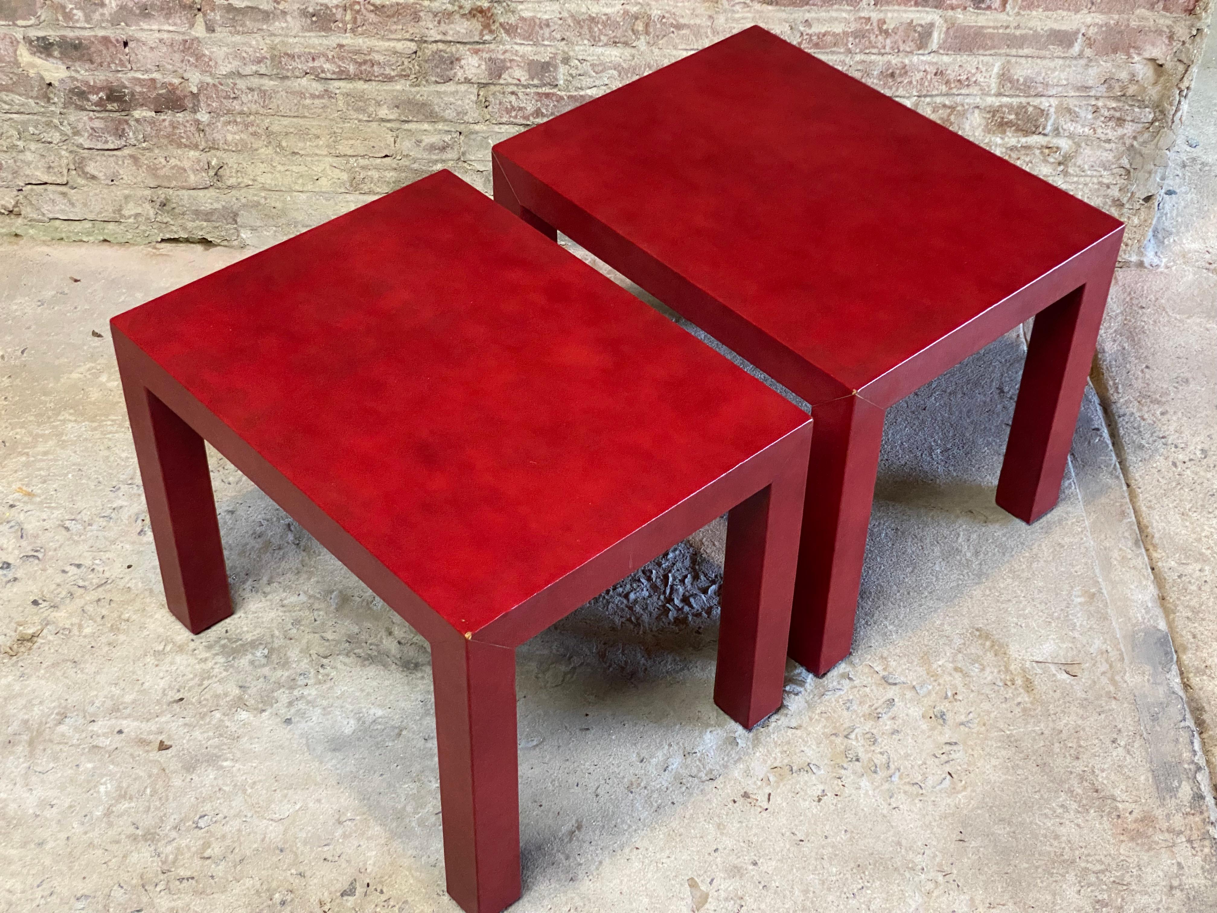 20th Century Red Faux Lizard Skin Parsons Post Modern End Tables For Sale