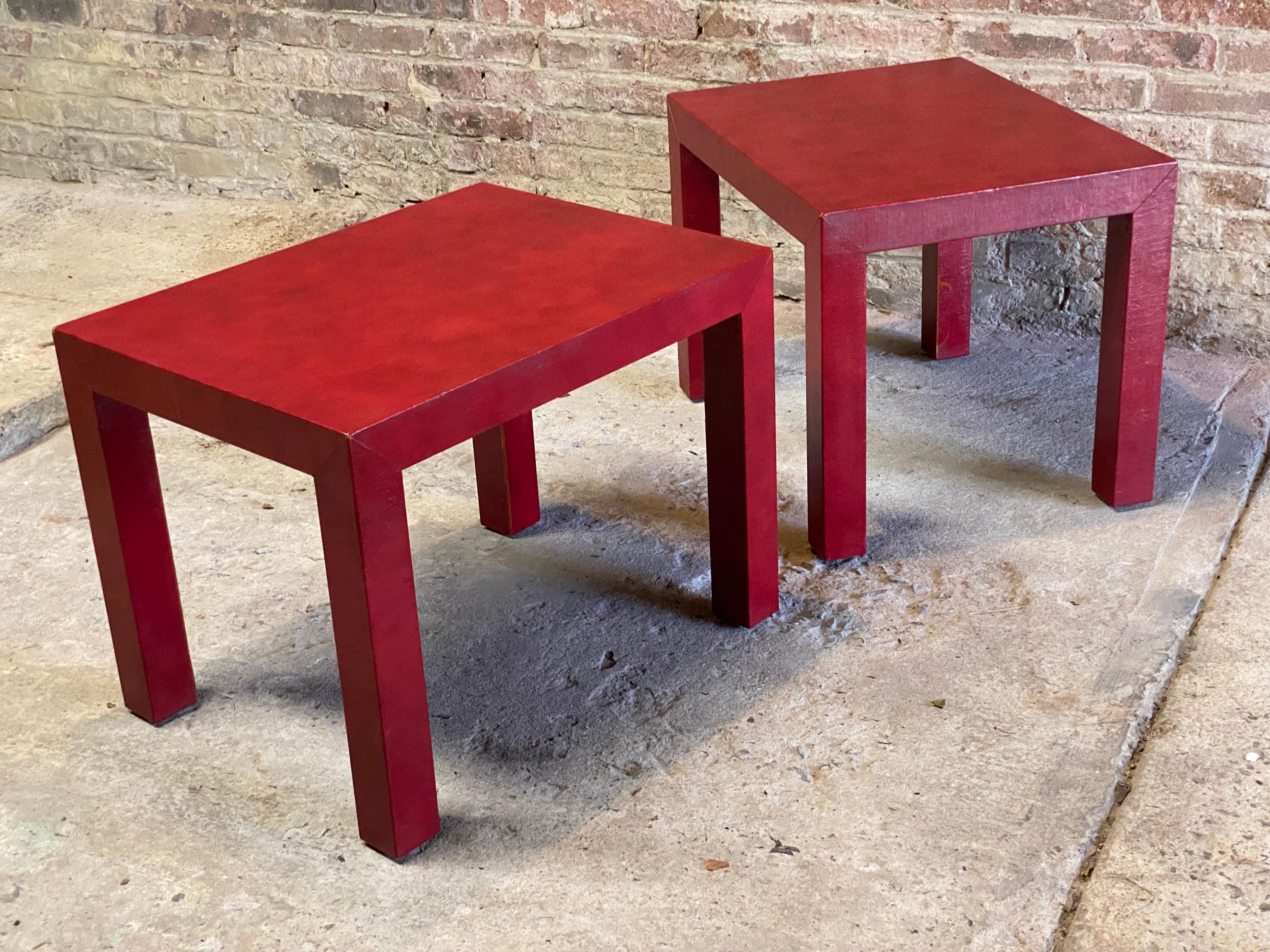 Wood Red Faux Lizard Skin Parsons Post Modern End Tables For Sale