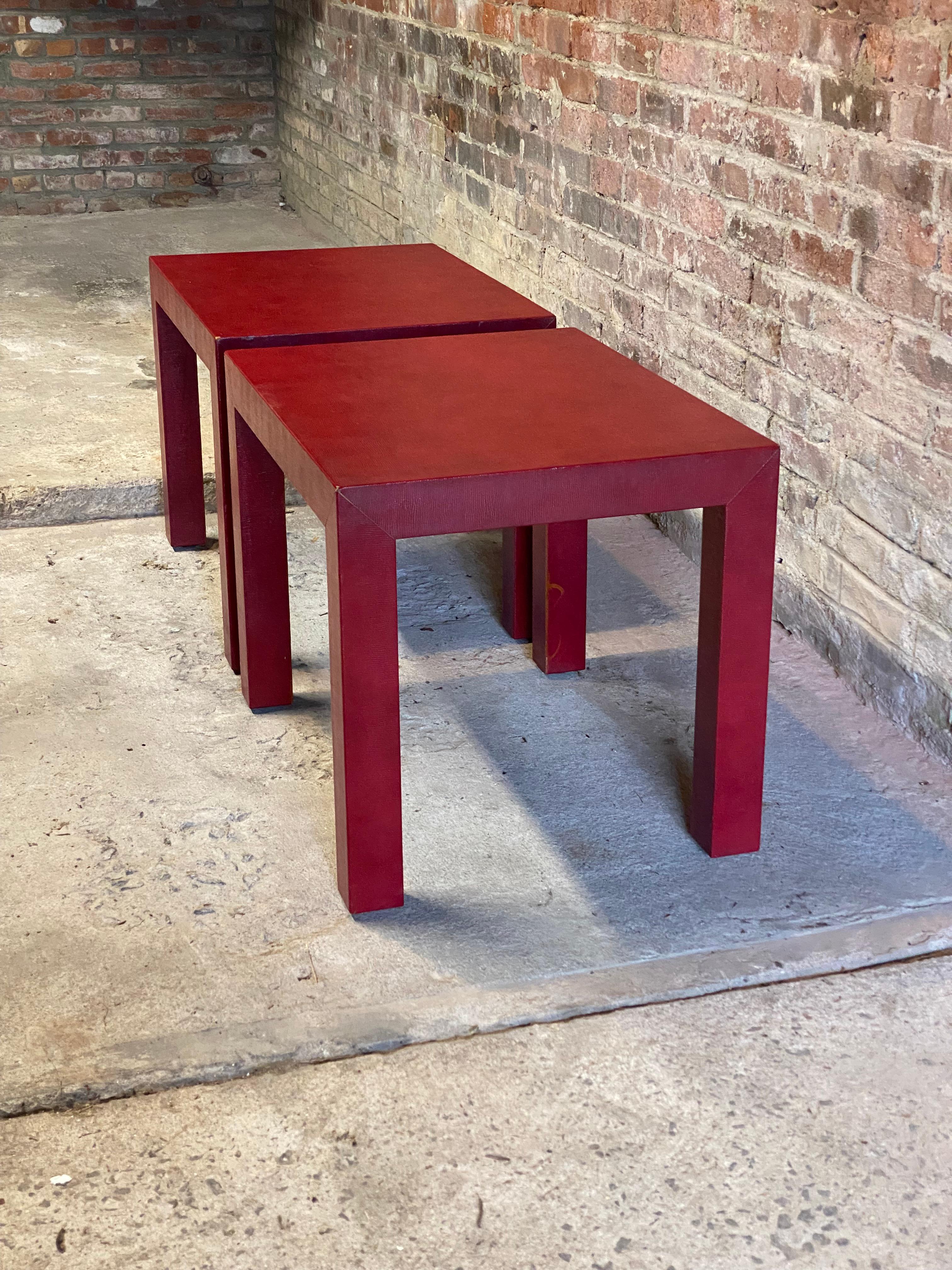 Red Faux Lizard Skin Parsons Post Modern End Tables For Sale 2