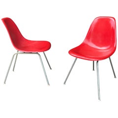 Red Fiberglass Charles and Ray Eames Side Shell Chairs, Scoops Herman Miller