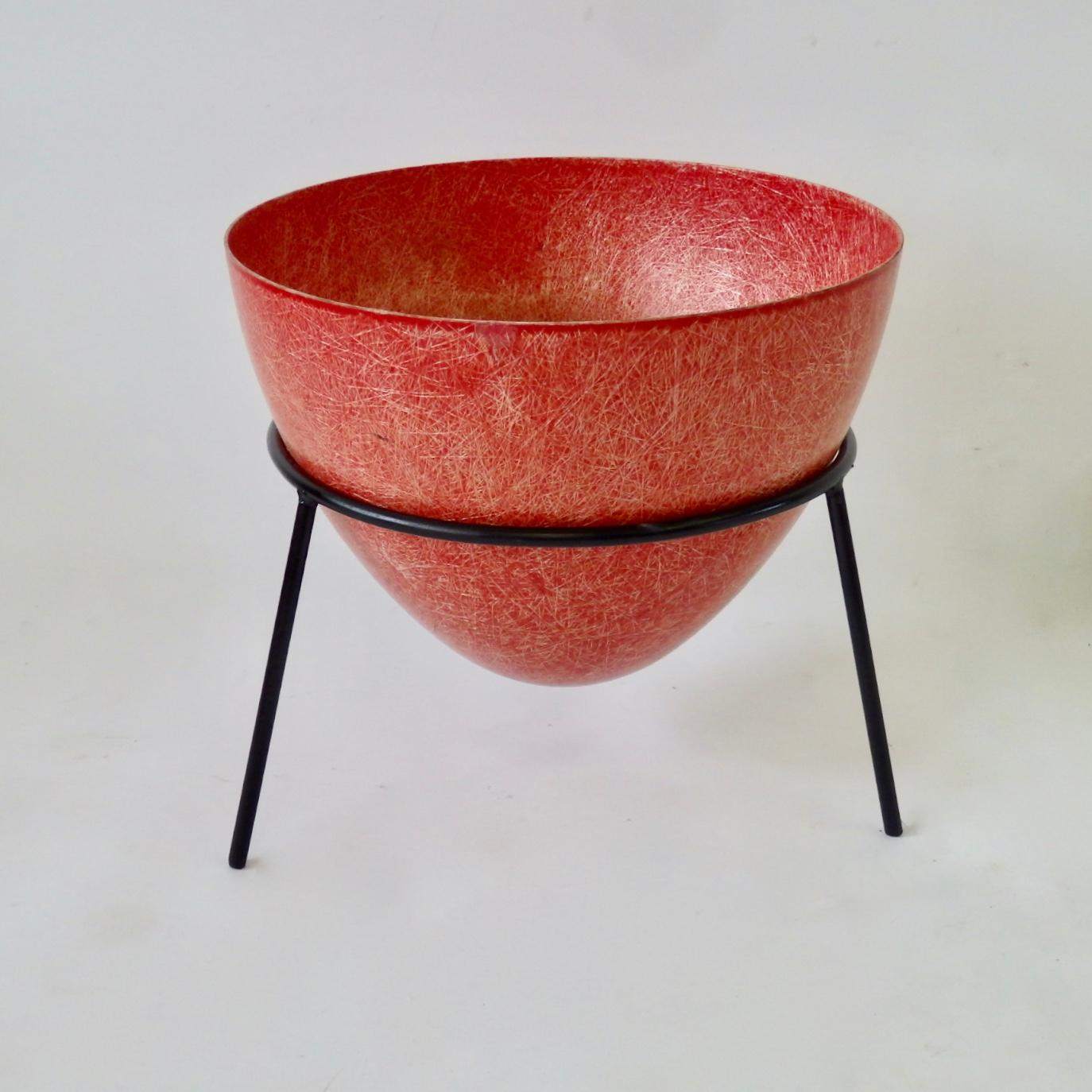 Mid-Century Modern Red Fiberglass Greta Grossman Inspired Cone Planter Pot in Wrought Iron Stand