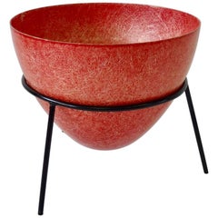 Used Red Fiberglass Greta Grossman Inspired Cone Planter Pot in Wrought Iron Stand