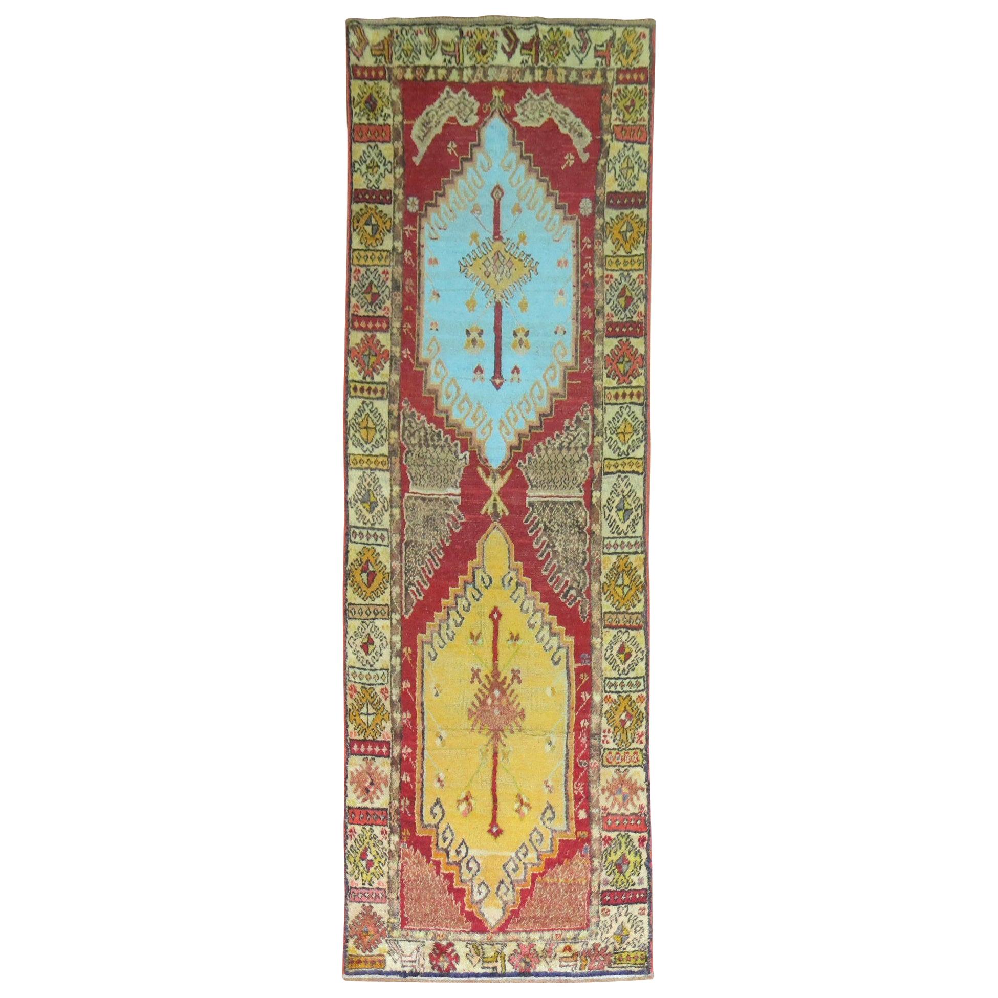 Red Field Anatolian Oushak Runner with Electric Blue and Gold Medallions For Sale