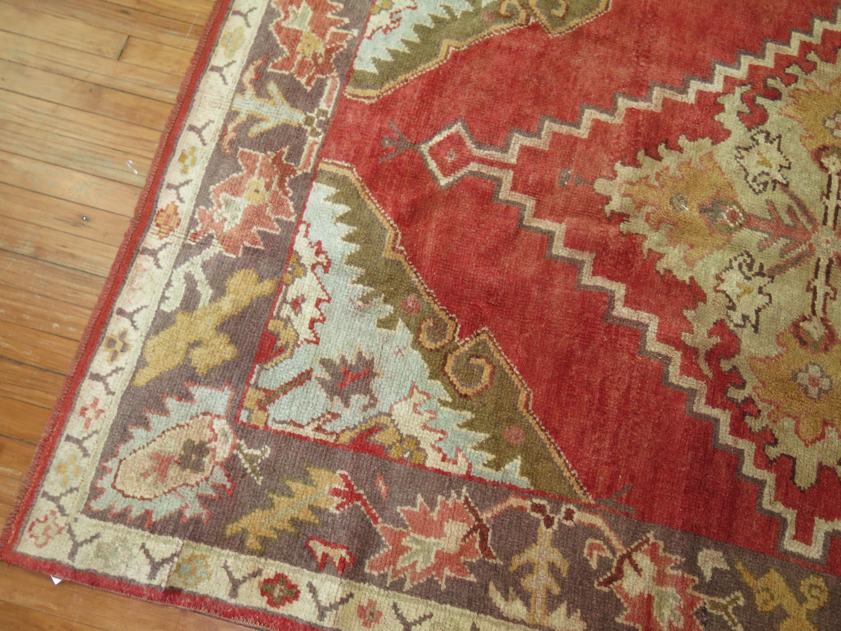 Turkish Red Field Antique Oushak Foyer Size Rug For Sale