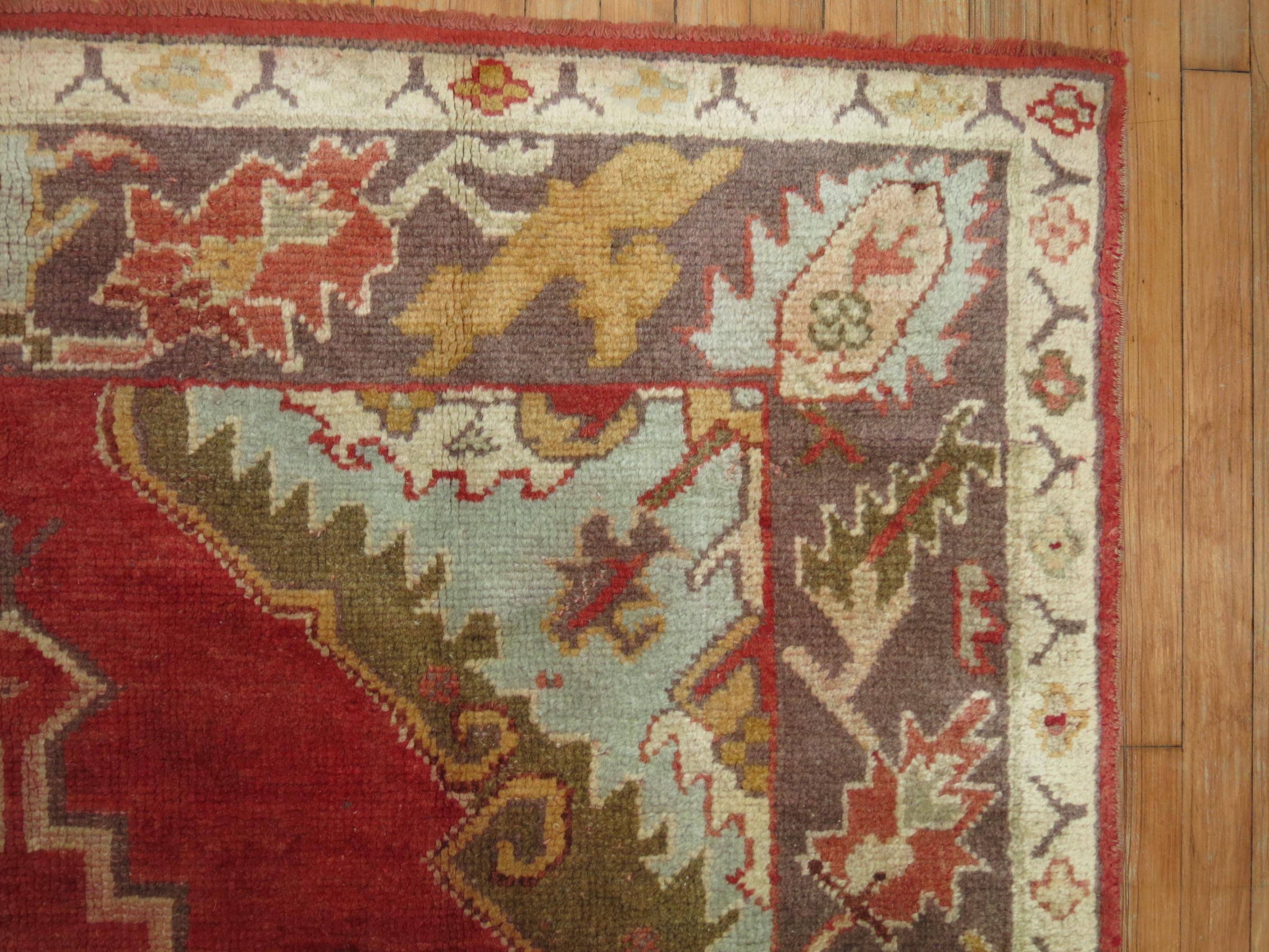 Hand-Knotted Red Field Antique Oushak Foyer Size Rug For Sale