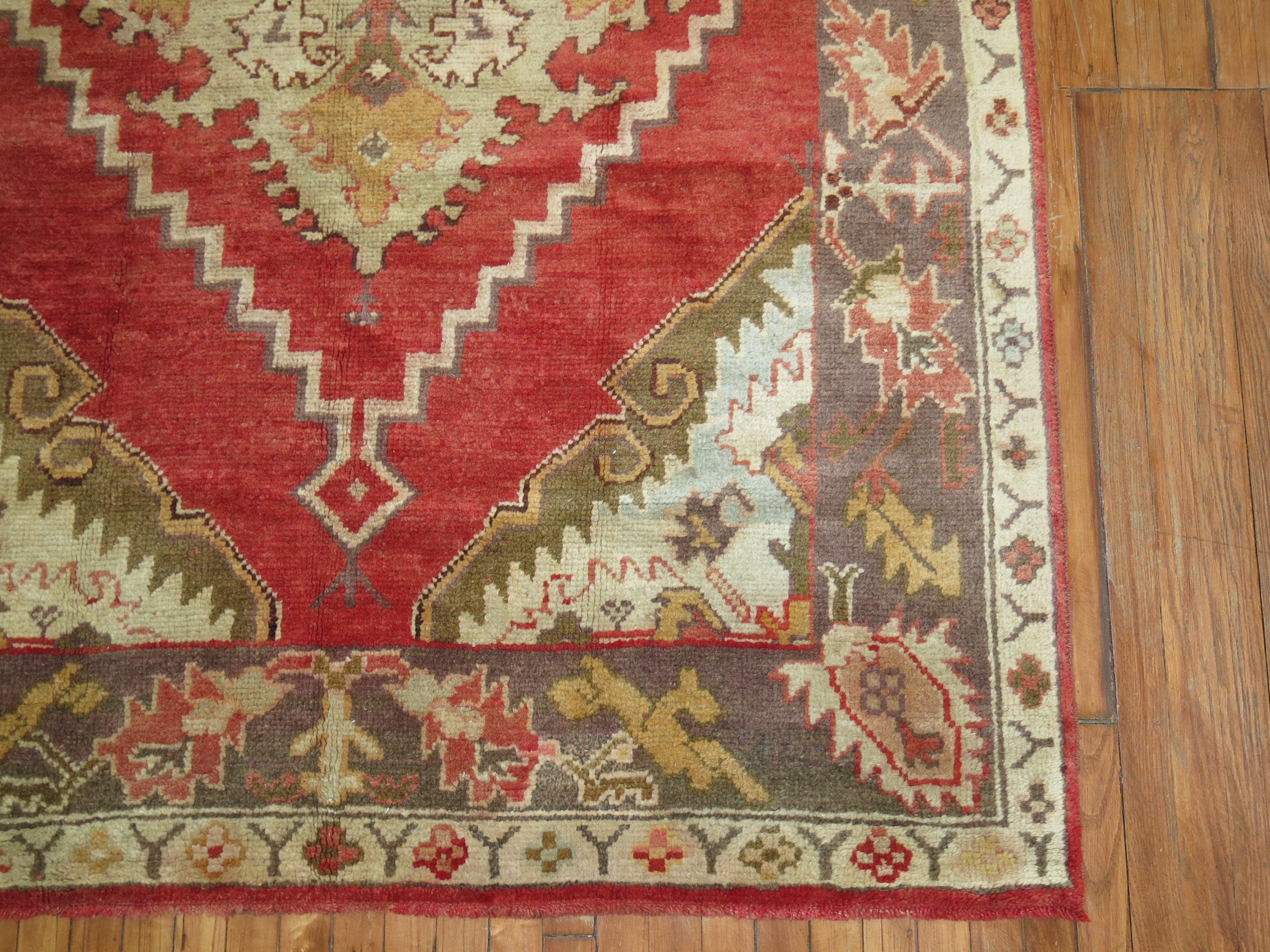 20th Century Red Field Antique Oushak Foyer Size Rug For Sale