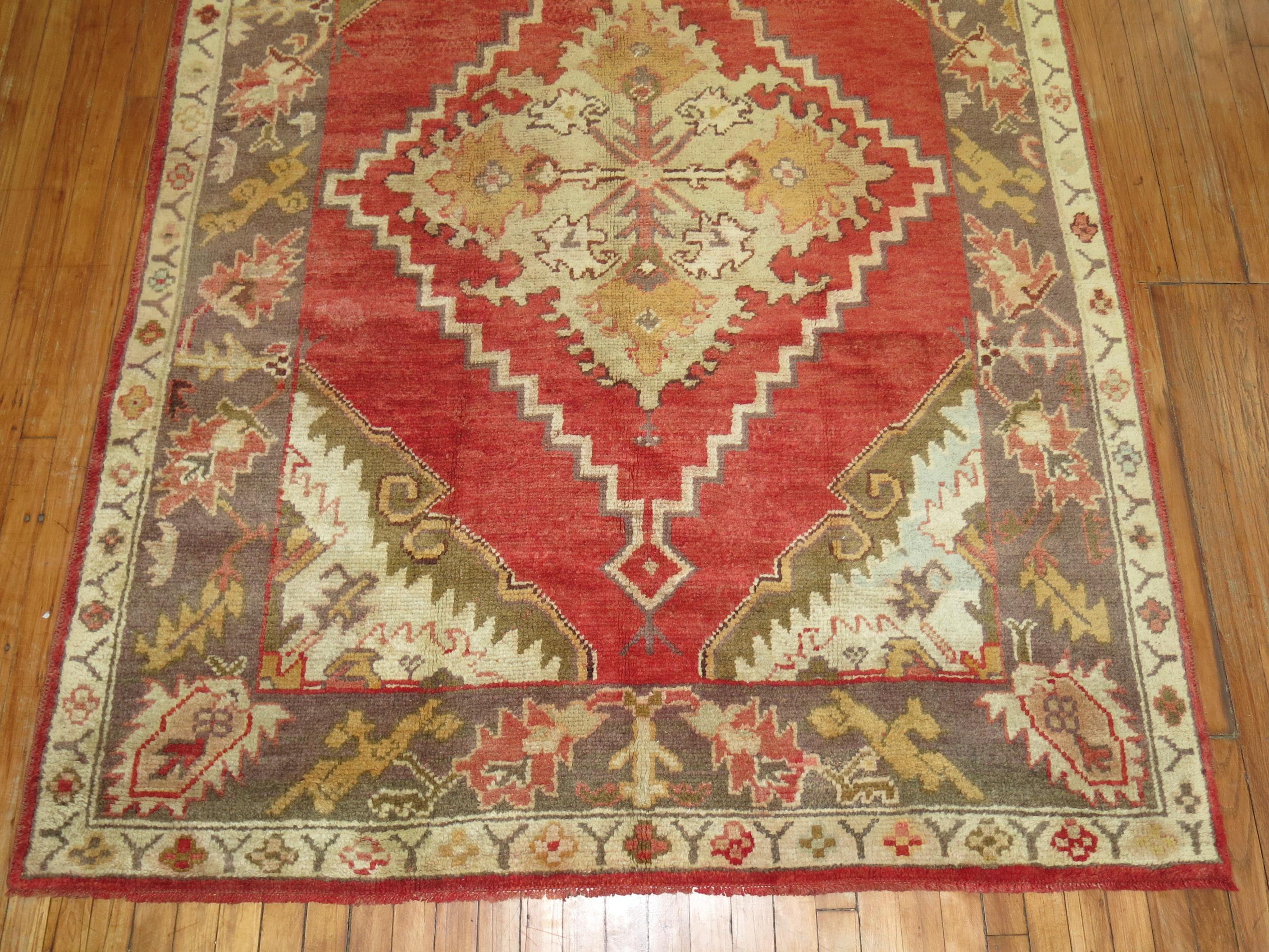 Wool Red Field Antique Oushak Foyer Size Rug For Sale