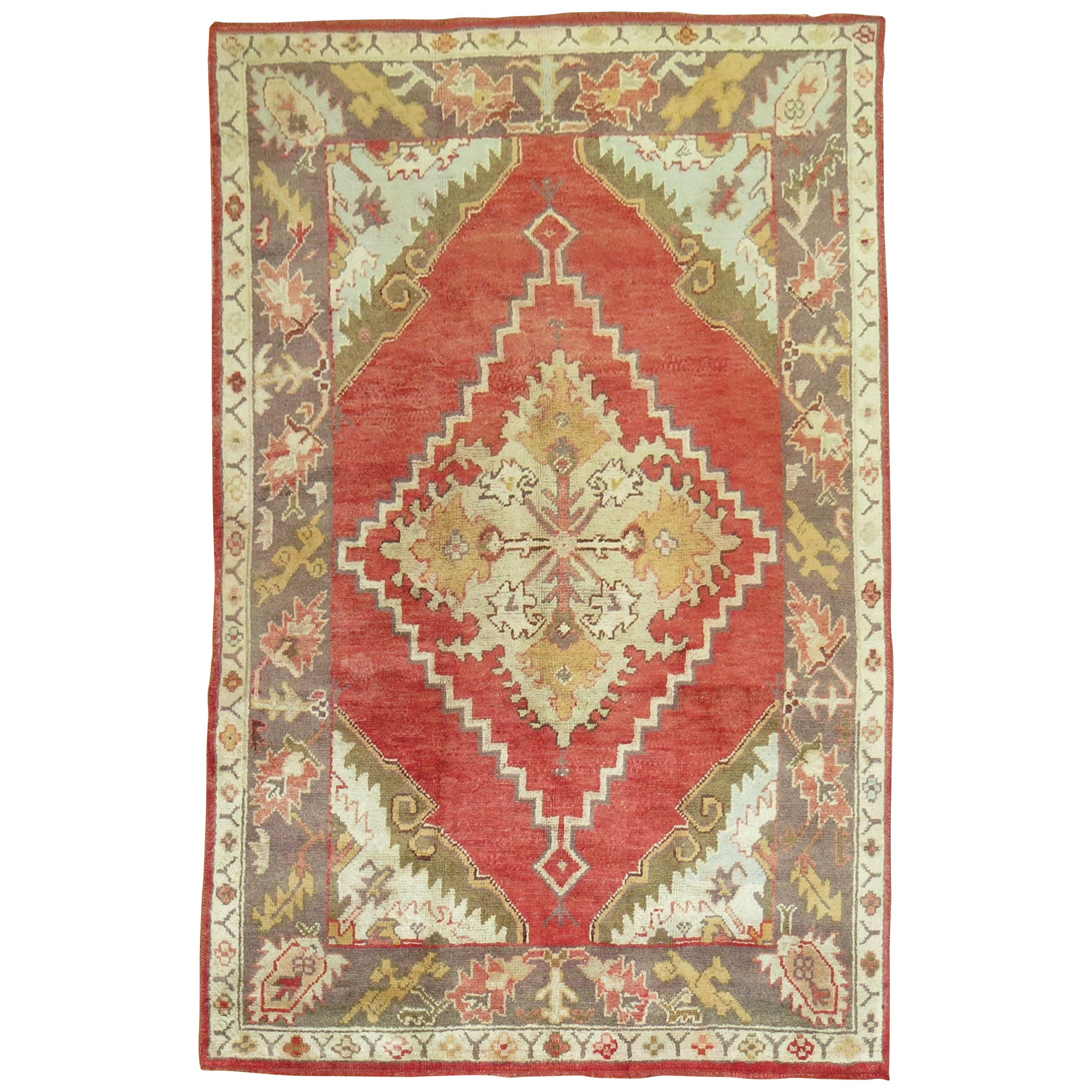 Red Field Antique Oushak Foyer Size Rug For Sale