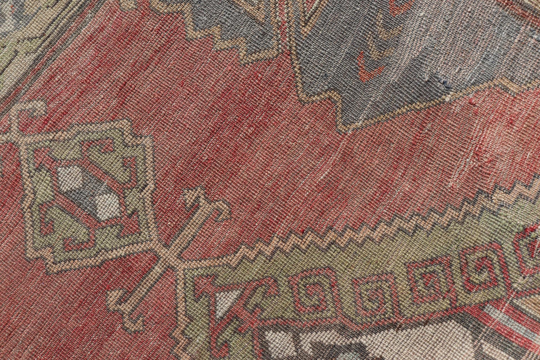 Red Field Vintage Turkish Oushak Gallery Runner with A Geometric Design For Sale 6