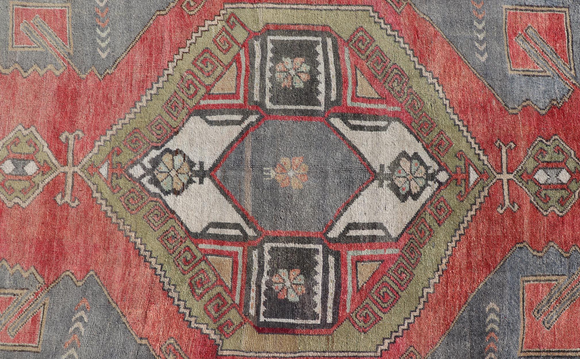 Red Field Vintage Turkish Oushak Gallery Runner with A Geometric Design For Sale 1