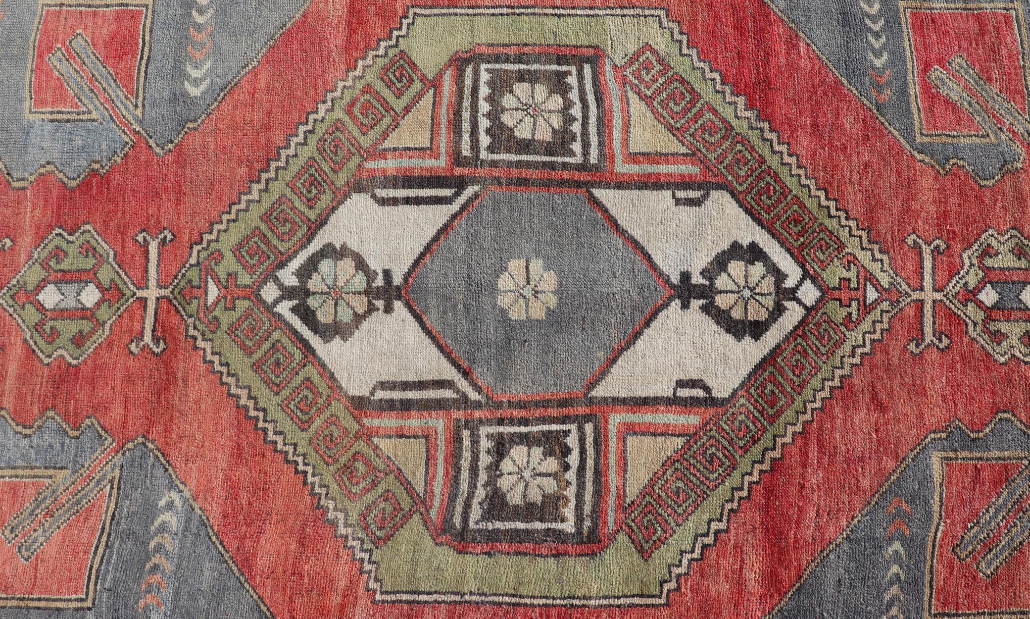 Red Field Vintage Turkish Oushak Gallery Runner with A Geometric Design For Sale 2
