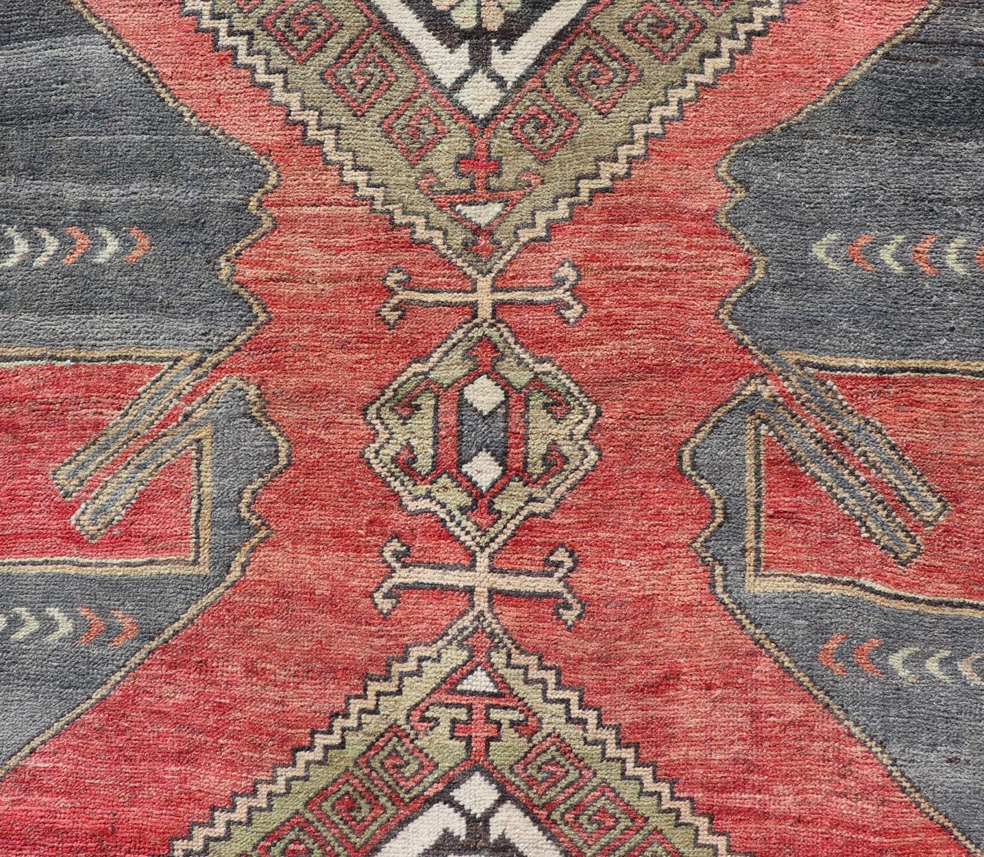 Red Field Vintage Turkish Oushak Gallery Runner with A Geometric Design For Sale 3