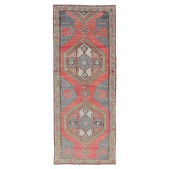 Red Field Vintage Turkish Oushak Gallery Runner with A Geometric Design