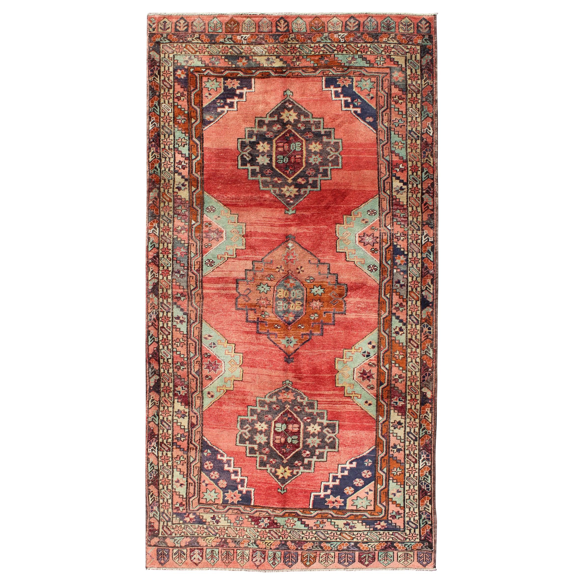 Red Field Vintage Turkish Oushak Wide Runner with Geometric Design For Sale