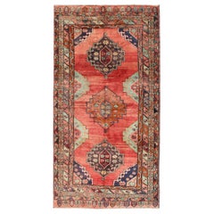 Red Field Vintage Turkish Oushak Wide Runner with Geometric Design