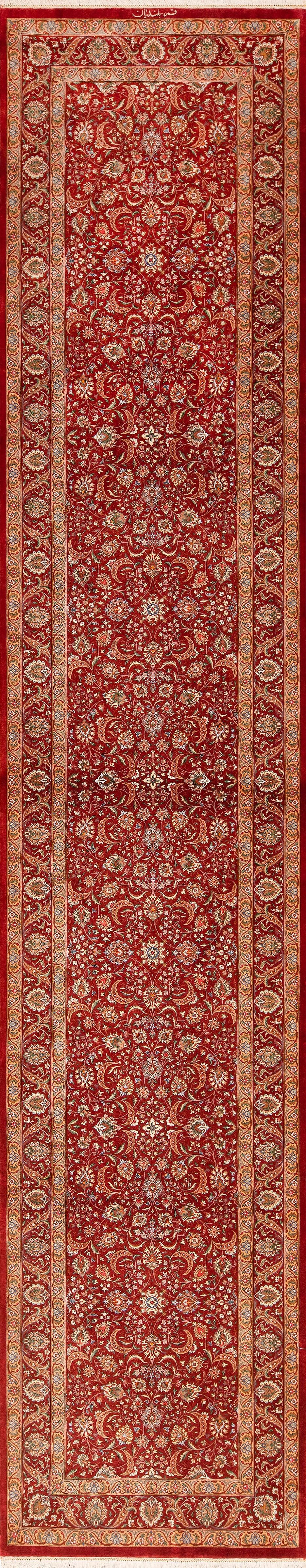 Red Fine Floral Luxurious Vintage Persian Qum Silk Hallway Runner Rug, country of origin: Persian Rugs, Circa date: Vintage