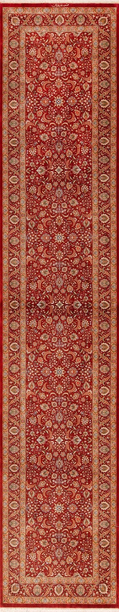 Red Fine Floral Luxurious Vintage Persian Qum Silk Runner Rug 2'9" x 13'7"