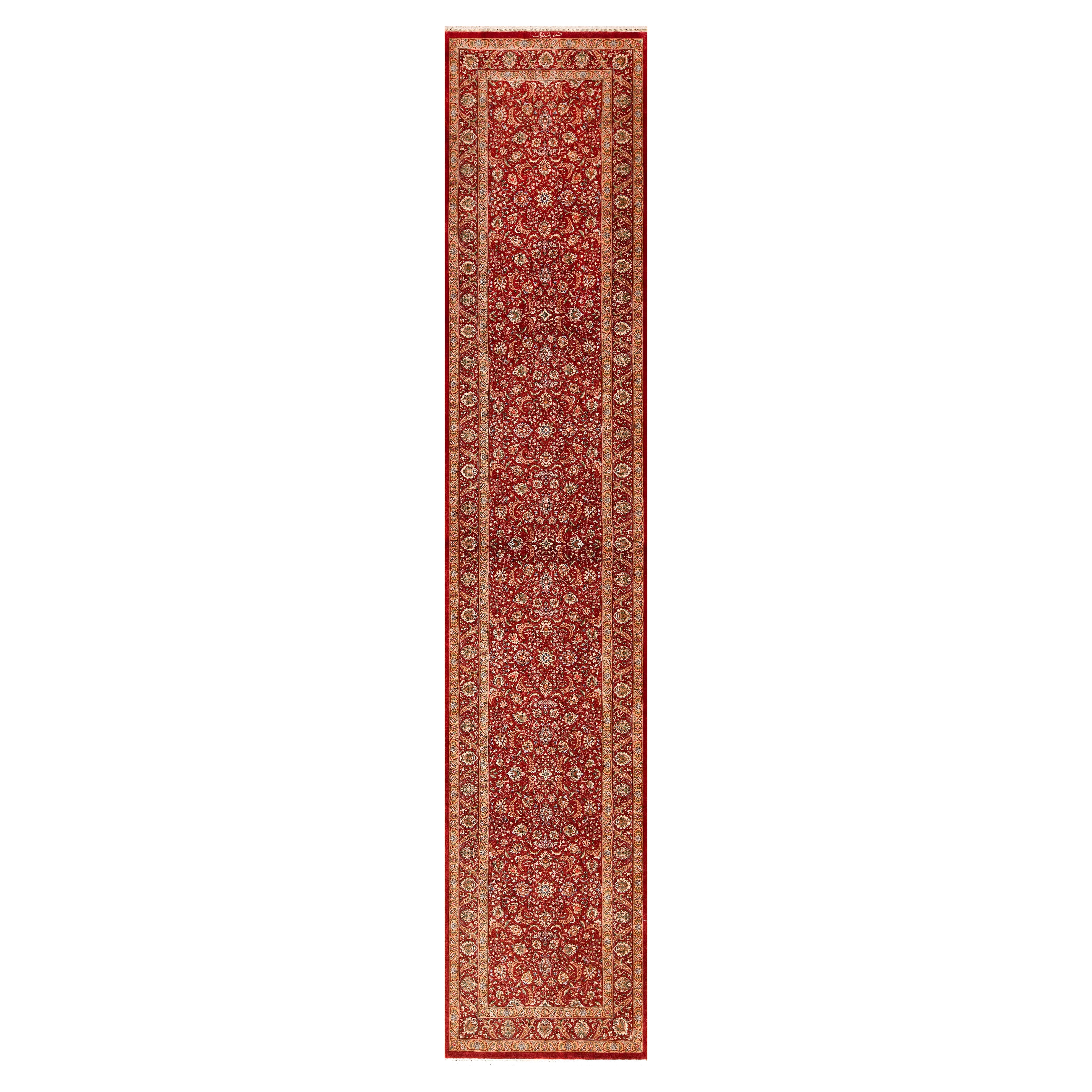 Red Fine Floral Luxurious Vintage Persian Qum Silk Runner Rug 2'9" x 13'7" For Sale