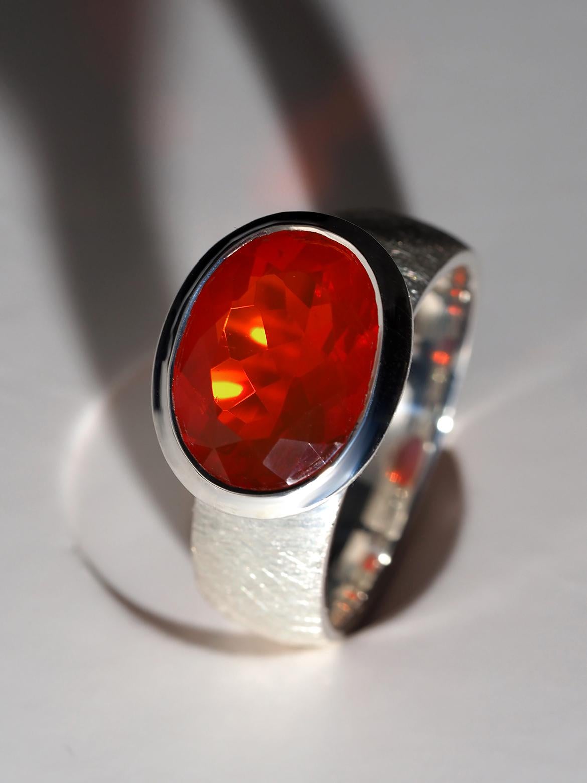 Artisan Aperol Ring Red Fire Mexicam Opal Silver Ring Large Statement gift art