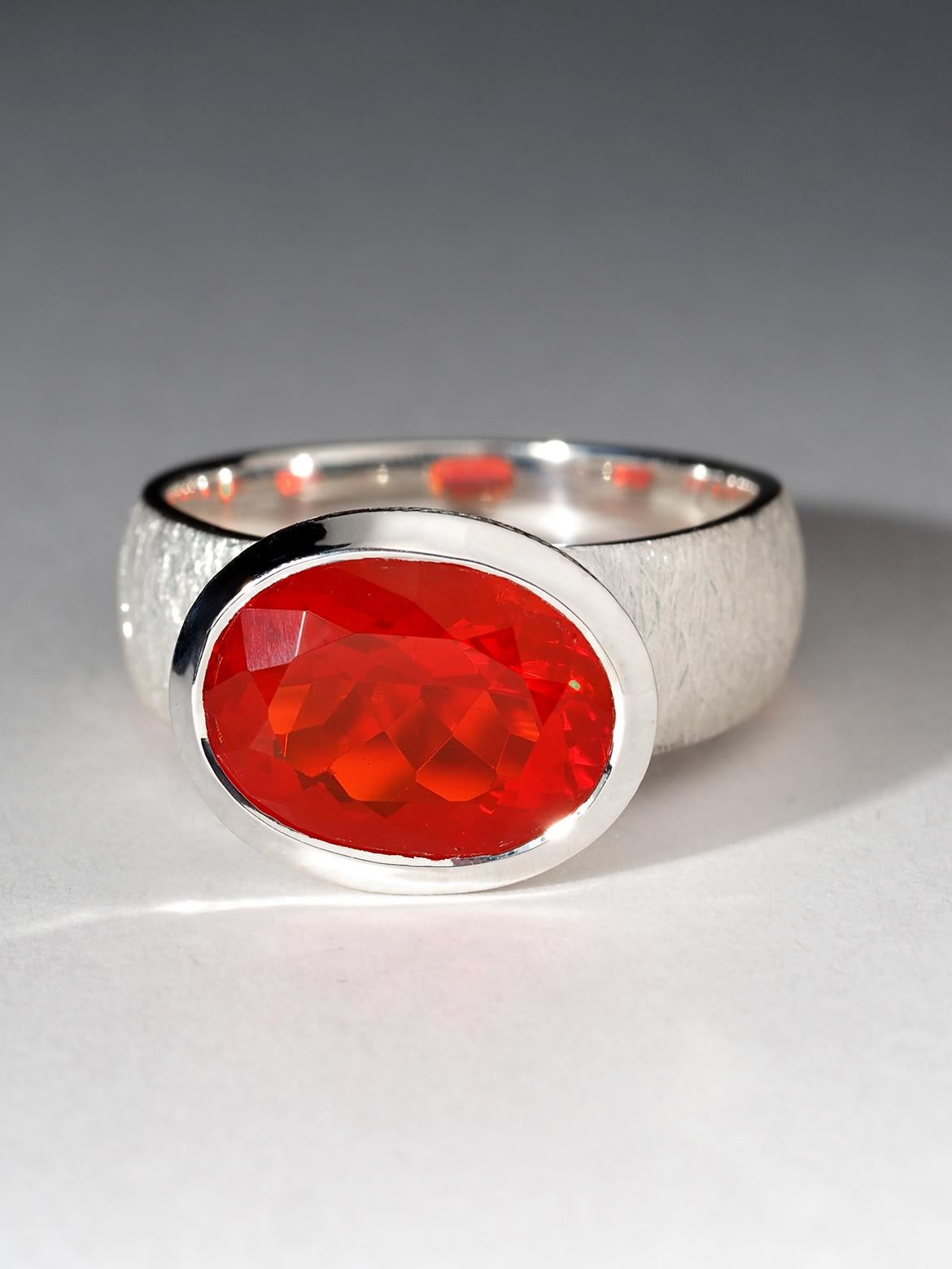 Oval Cut Aperol Ring Red Fire Mexicam Opal Silver Ring Large Statement gift art