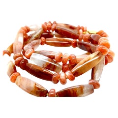 Red Fire Quartz and Peach Moonstone Double Strand Necklace with Yellow Gold